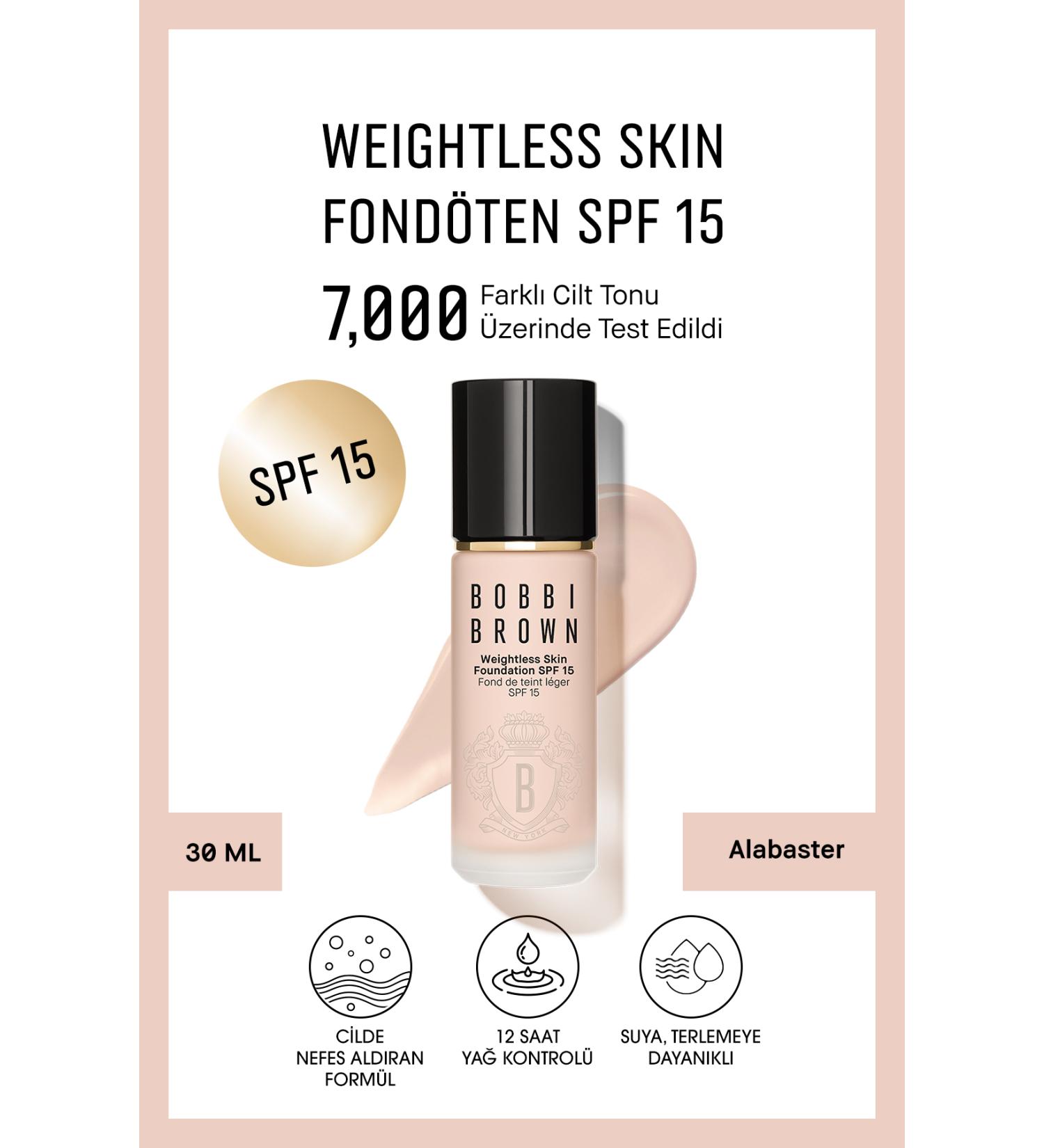 Bobbi Brown Weightless Skin 24 Hour Liquid Foundation SPF 15 - Natural and Matte Finish - Alabaster - 30 ml - Buy Online on GoSupps.com