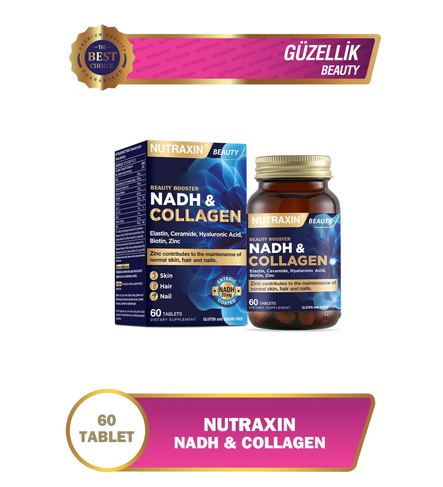 Nutraxin Nadh Collagen 60 Tablets Type1 Type3 Hyaluronic Acid Elastin Ceramide Resveratrol Glutathione - Buy Online on GoSupps.com