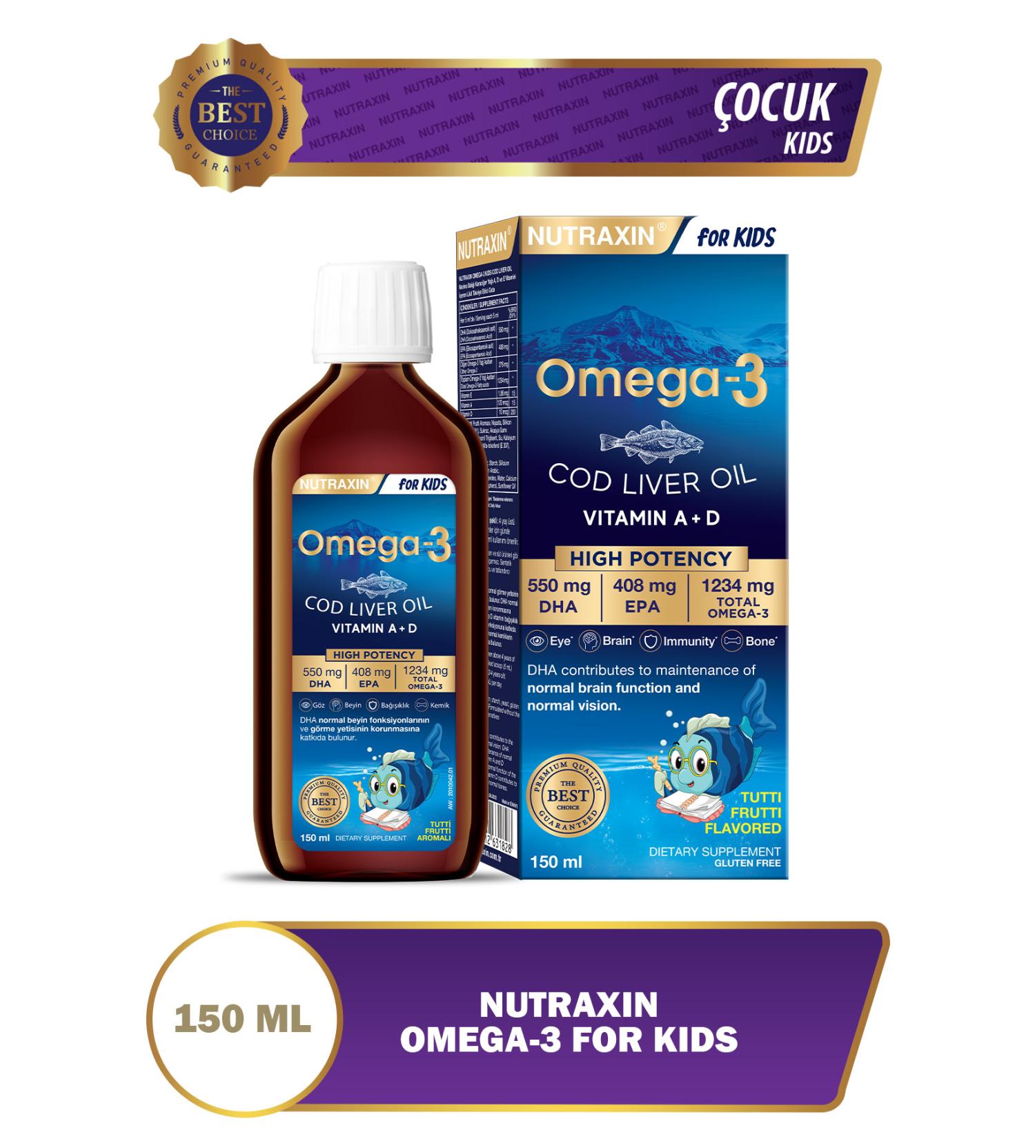 Nutraxin Omega 3 Fish Oil 150 Ml Tutti Frutti Cod Liver - DHA 550 Mg EPA 408 Mg Child