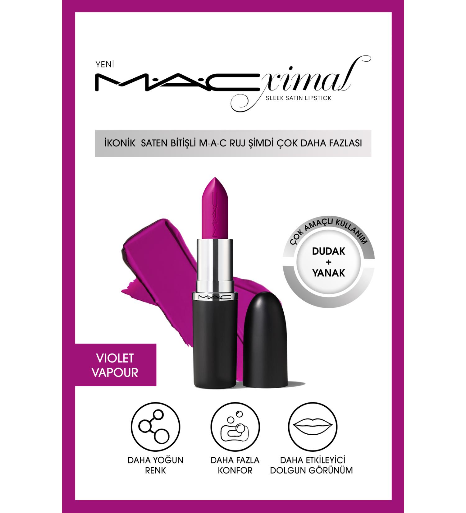 Mac Multipurpose MACximal Iconic Satin Finish Lip and Cheek Lipstick-VIOLET VAPOUR 3.5g