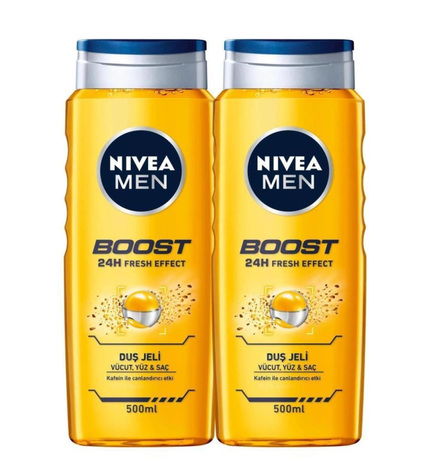 NIVEA MEN Men's Shower Gel Boost 500ml Body Face Hair Revitalizing Care with Mint Extracts Caffeine X2 Pieces