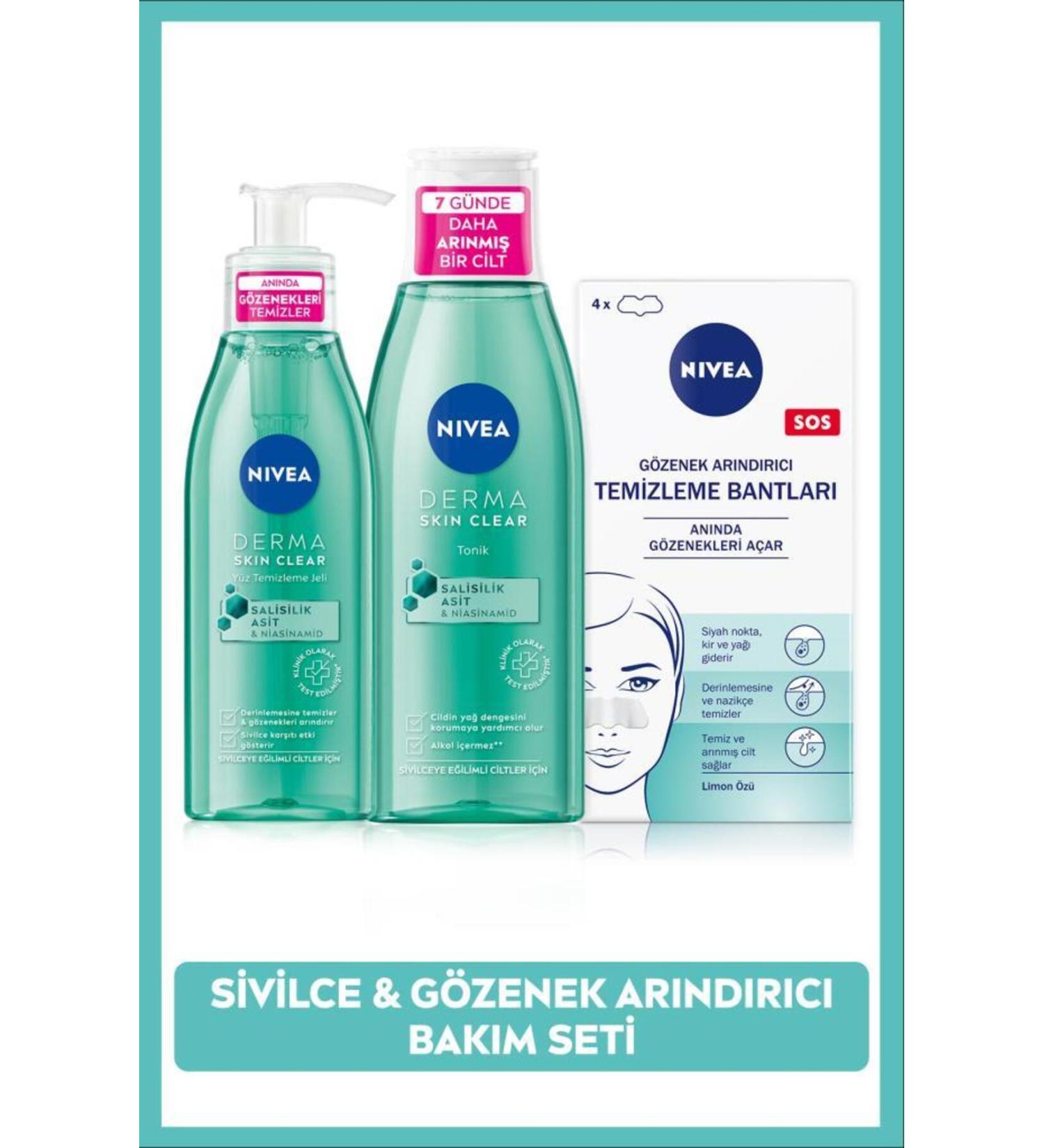 NIVEA Derma Skin Clear Anti-Acne Face Cleansing Gel Tonic and T-Zone & Blackhead Cleansing Strip