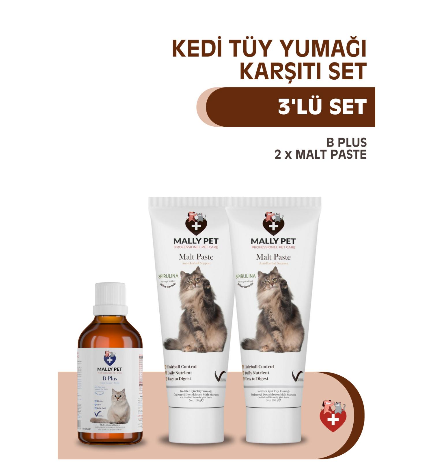 MALLY PET PROFESSIONEL PET CARE Anti-Hairball Set for Cats (B Plus + 2 x Malt Paste)
