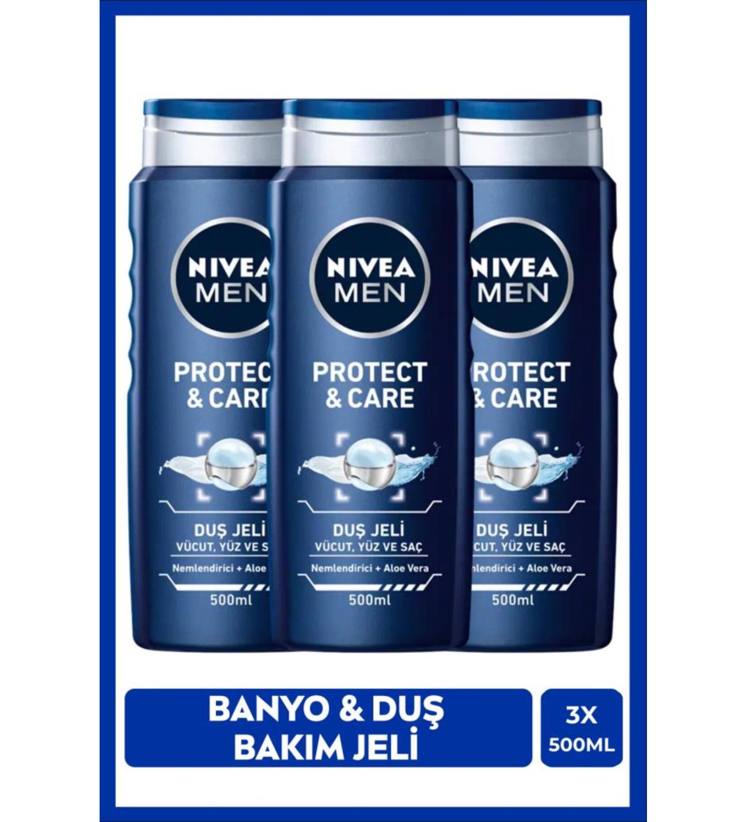 NIVEA Men Men's Bath and Shower Gel Protect&care 500ml For Body Hair Face Aloe Vera Moisturizing X3 Pieces - Buy Online on GoSupps.com