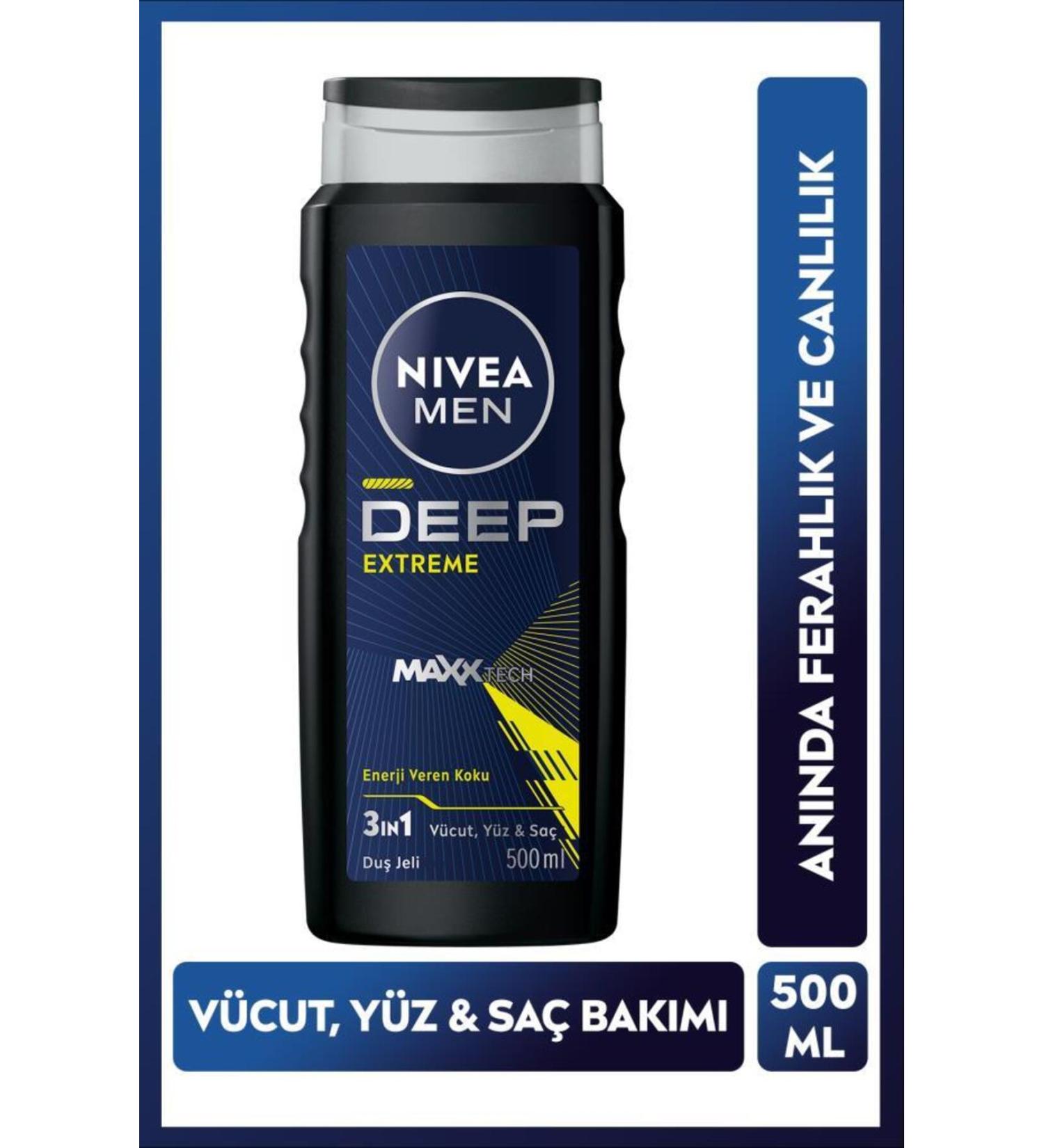 NIVEA Men Men's Deep Extreme Shower Gel 500ml 3 in 1 Complete Care Body Hair and Face Energizing Fragrance - Buy Online on GoSupps.com