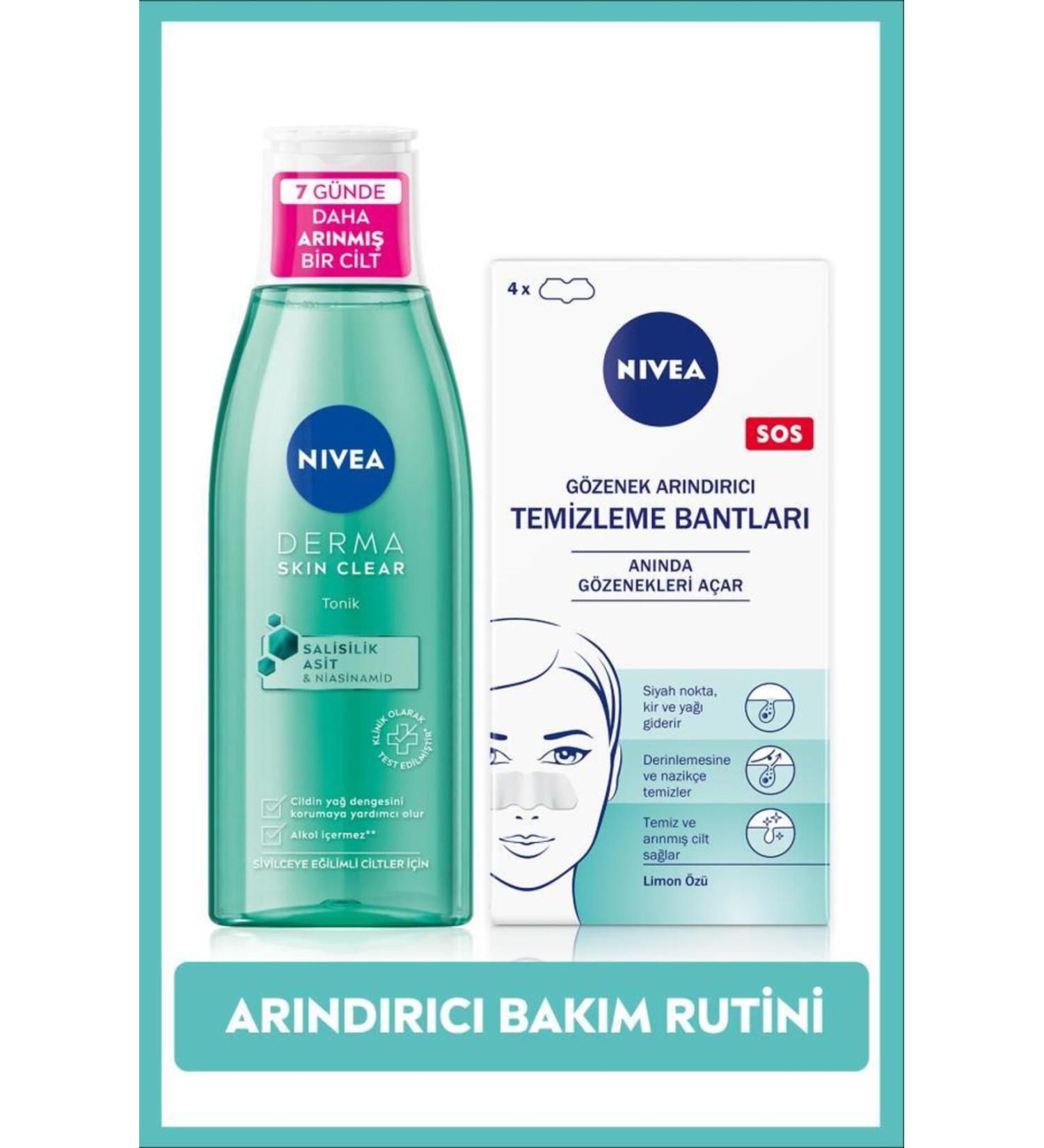 NIVEA Anti-Acne Derma Skin Clear Purifying Toner 200ml and T-zone Blackhead Remover Strip