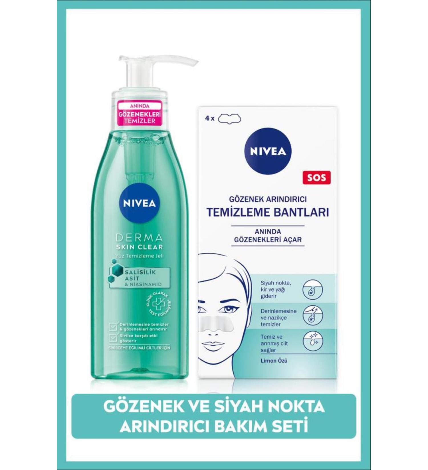 NIVEA Blackhead Remover Nose T-Strip and Derma Skin Clear Anti-Acne Face Cleansing Gel 150ml