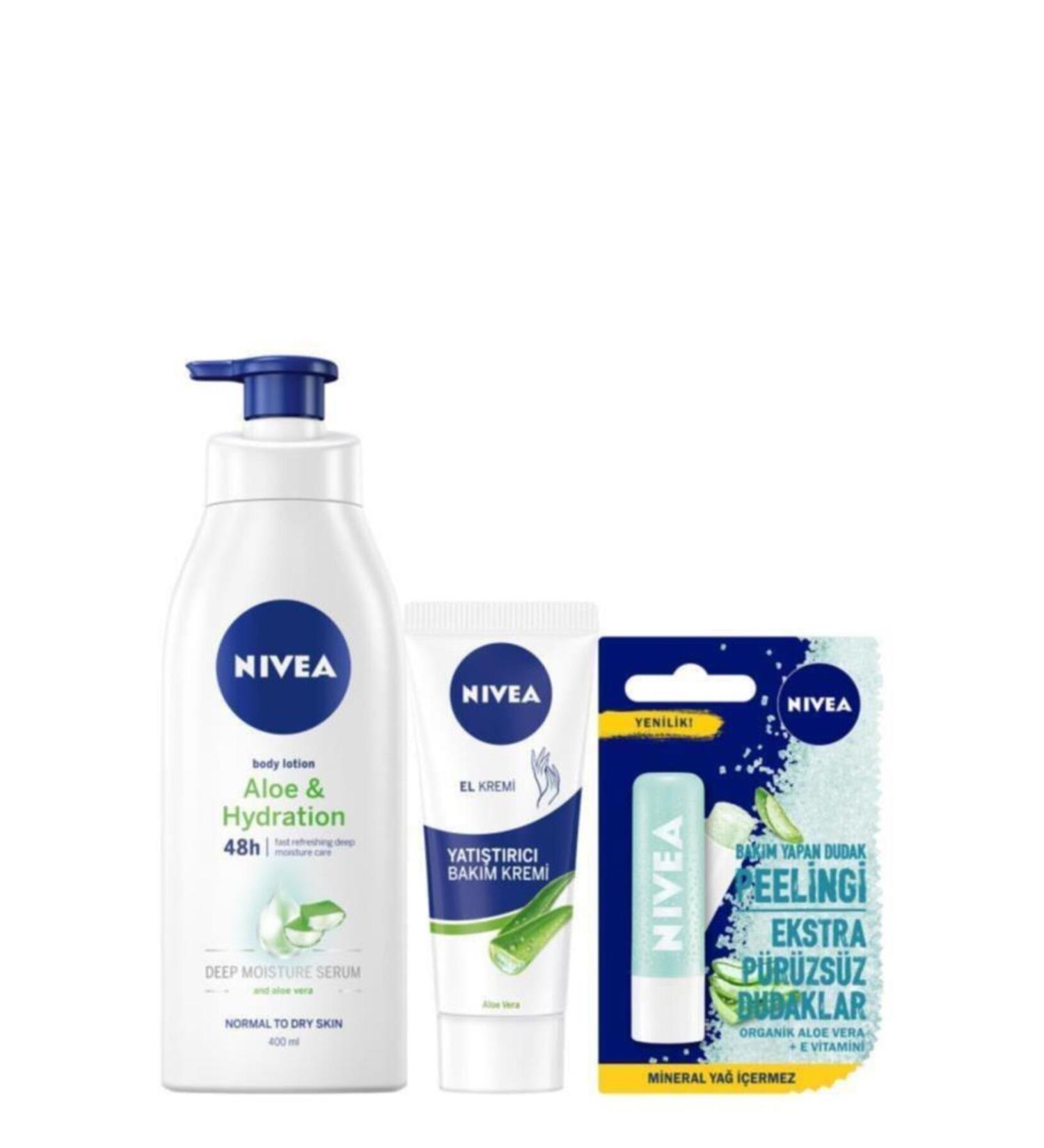 NIVEA Aloe Vera Pump Lotion 400 Ml + Soothing Care Hand Cream 75ml - Aloe Vera +aloe Vera Lip Scrub