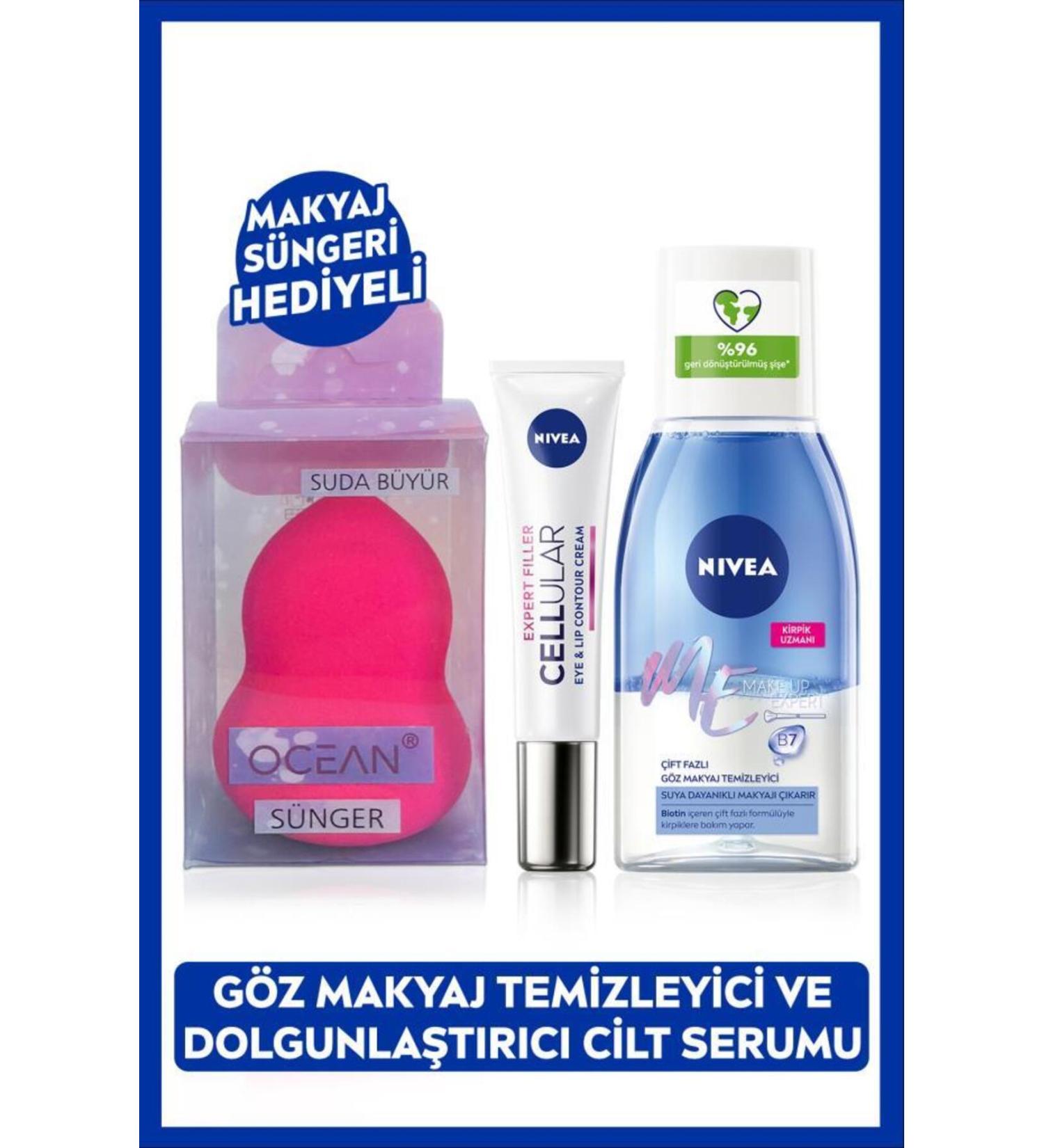 NIVEA Double Effect Eye Make-Up Remover 125ml and Cellular Eye Care Cream 15ml Make-Up Sponge Gift