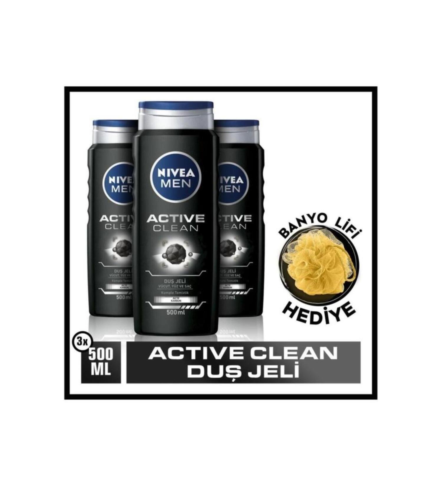NIVEA Men Active Clean Shower Gel 500 ml X3 Advantageous Package Bath Loofah - Buy Online on GoSupps.com