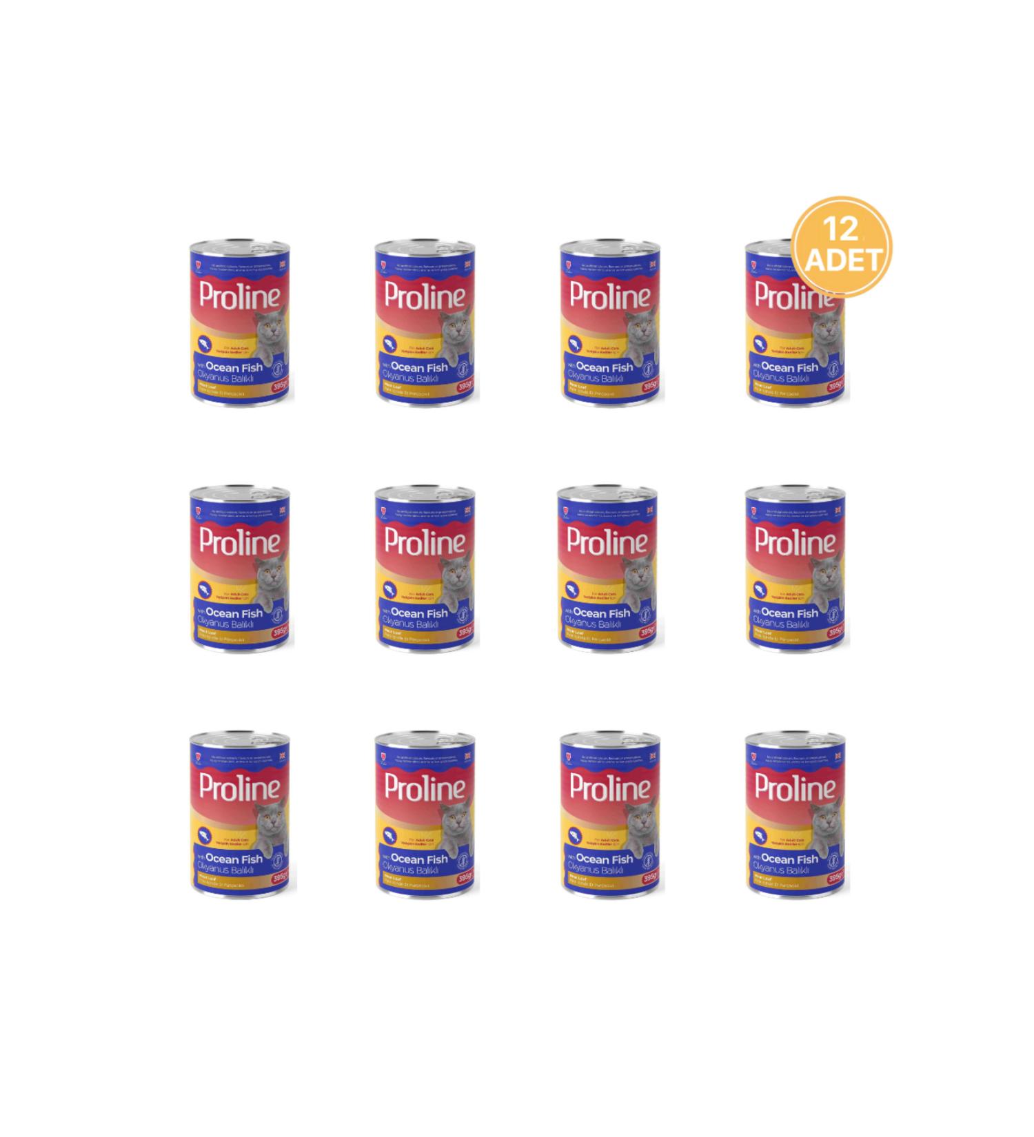 PROLINE Adult Cat Canned Food with Meat Pieces and Ocean Fish in Pate 395 Gr (12 Pieces)
