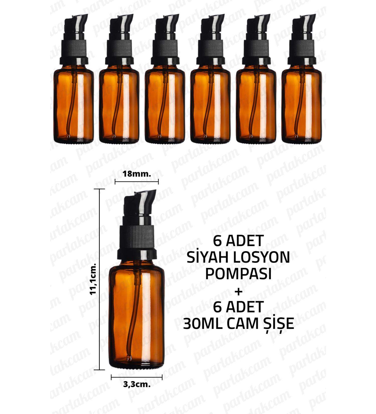 Parlakcam 30ml Black Lotion Pump Amber Glass Bottle 30cc Black Cream Pump Head Amber Glass Bottle 6 Pcs