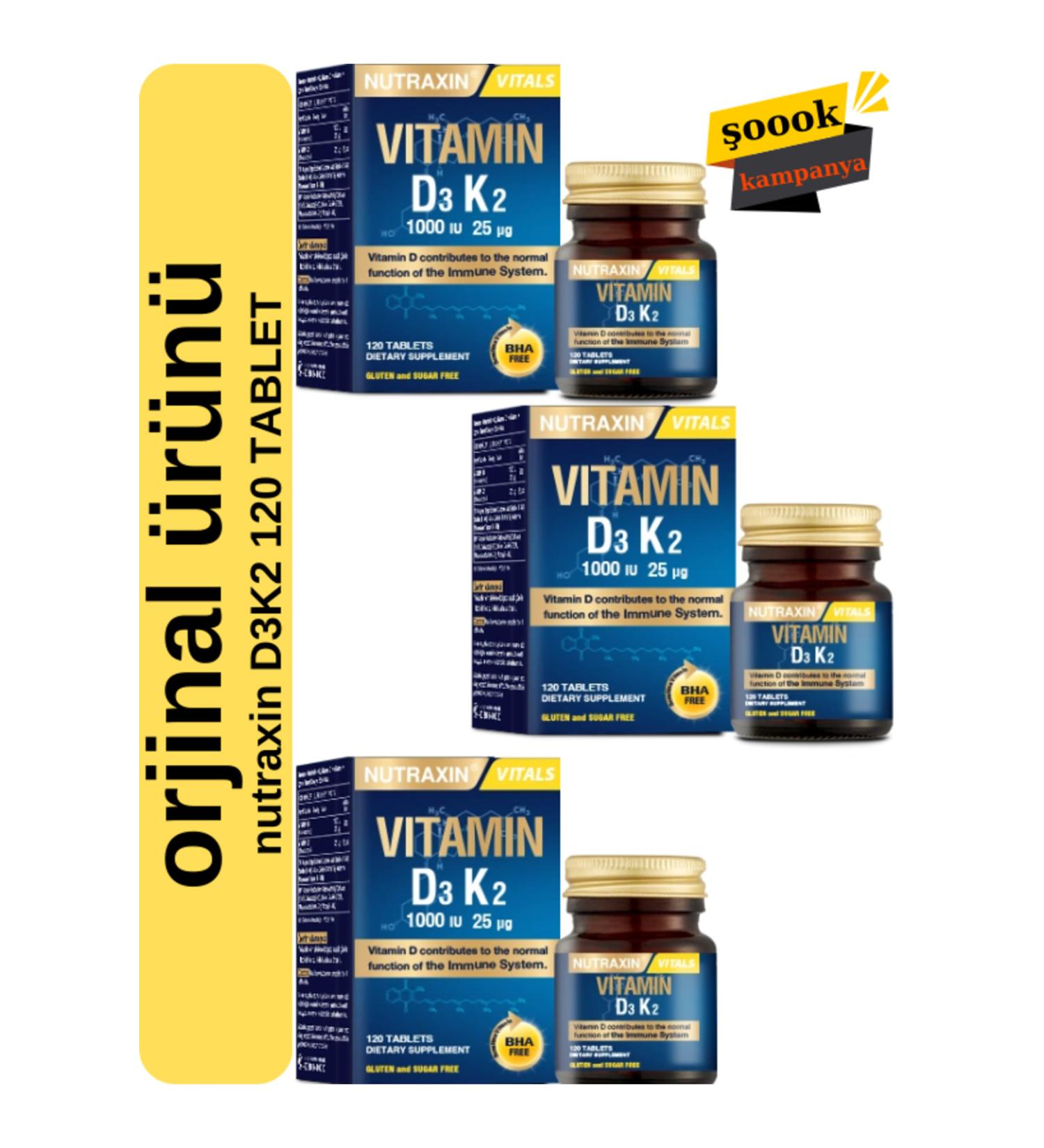Nutraxin D3K2 120 Tablets 3 Pack - 1000 Iu Vitamin D3 25 Mcg Vitamin K2 - Buy Online on GoSupps.com