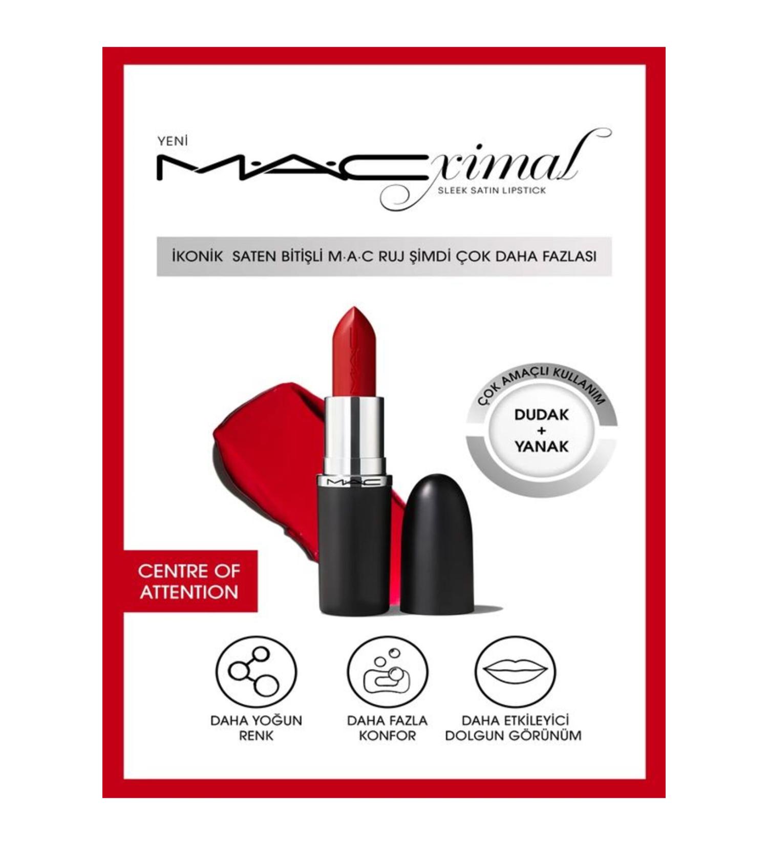 Mac MACximal Sleek Satin Lipstick konik Saten Biti li Ruj-CENTRE OF ATTENTION 3.5GM