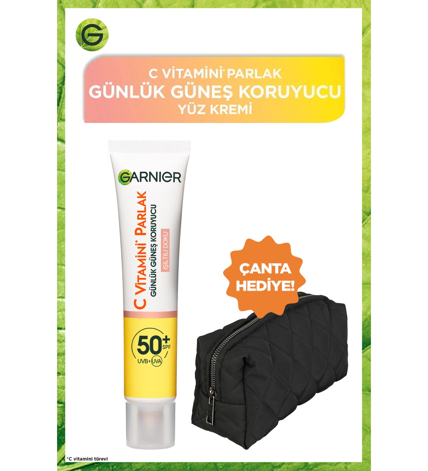 Garnier Vitamin C Bright Daily UV Sun Face Cream Spf50 Luminous Texture 40ml + Quilted Makeup Bag - Buy Online on GoSupps.com