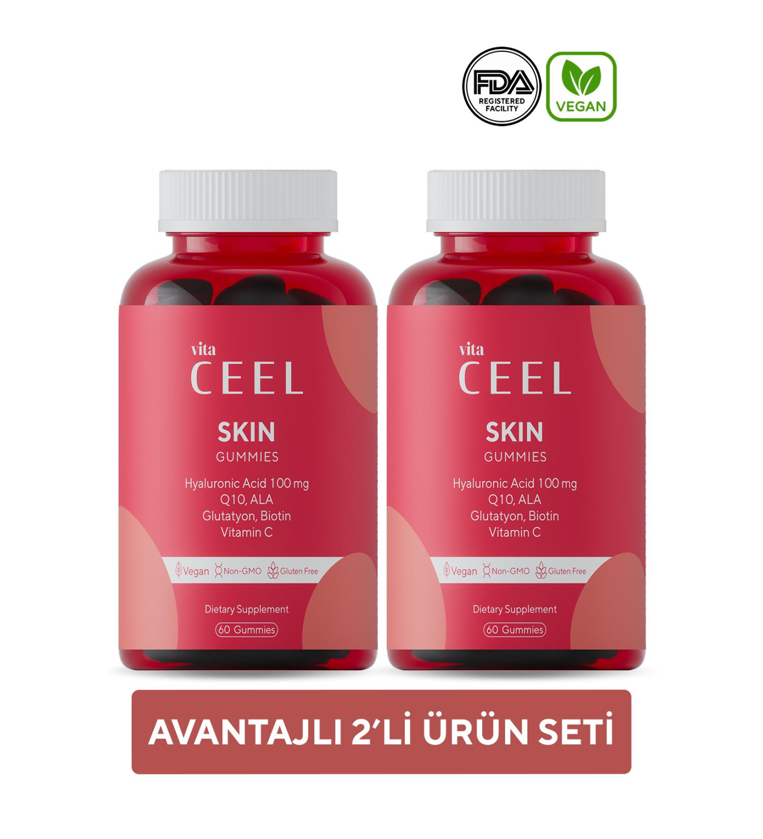 Vita Ceel 2 Pack Vegan Skin Vitamin Chewable Gummy Hyaluronic Acid Vitamin C Glutathione Q10 Ala Biotin - Buy Online on GoSupps.com
