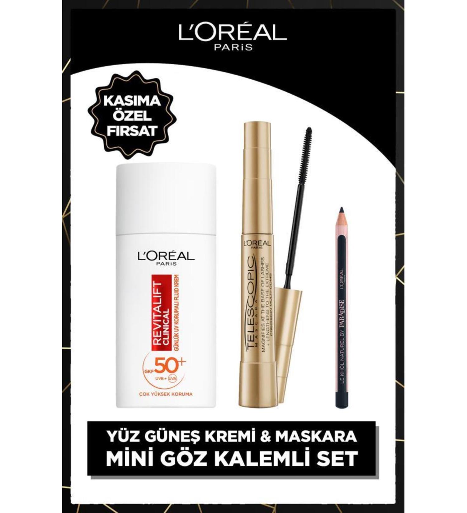 L'Oreal Paris Revitalift Clinical SPF 50+ Face Sunscreen + Telescopic Gold Mascara + Paradise Mini Liner - Buy Online on GoSupps.com