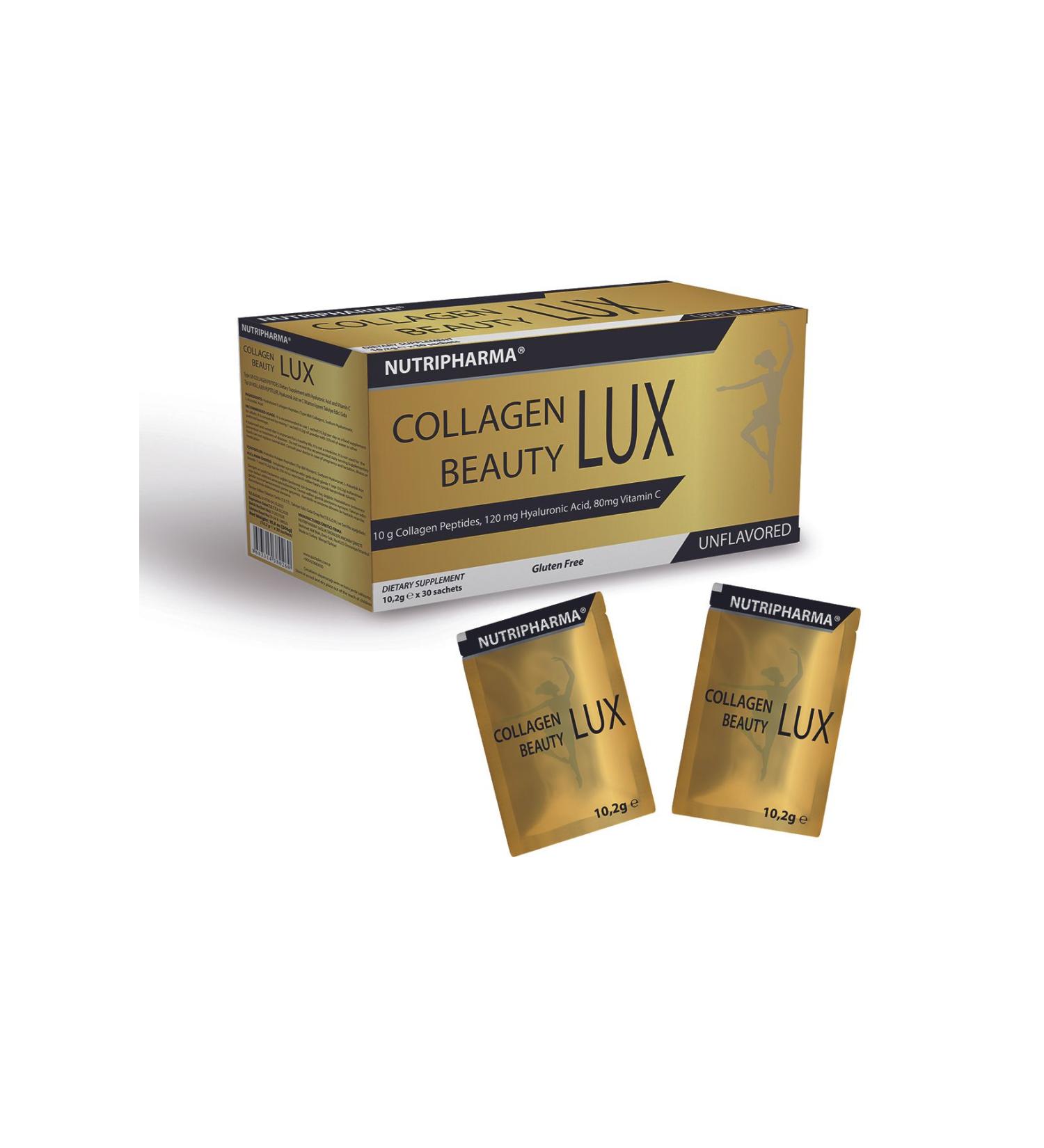 NUTRIPHARMA COLLAGEN BEAUTY LUX 10 000mg Bioactive Collagen Peptides 120mg Hyaluronic Acid 80mg VitaminC 30 sachets - Buy Online on GoSupps.com