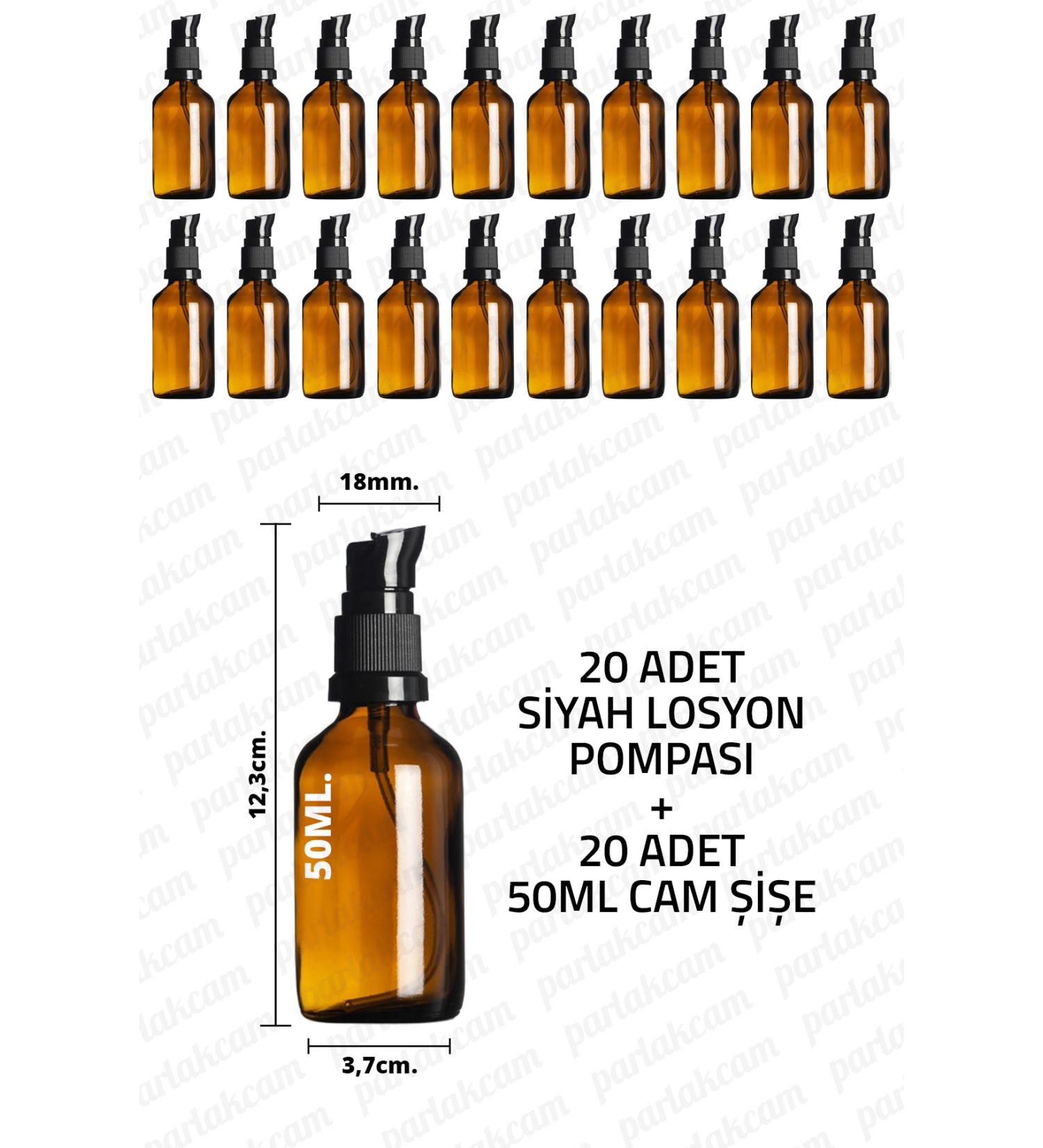 Parlakcam 50ml Black Lotion Pump Amber Glass Bottle 50cc Black Cream Pump Head Amber Glass Bottle 20 Pcs