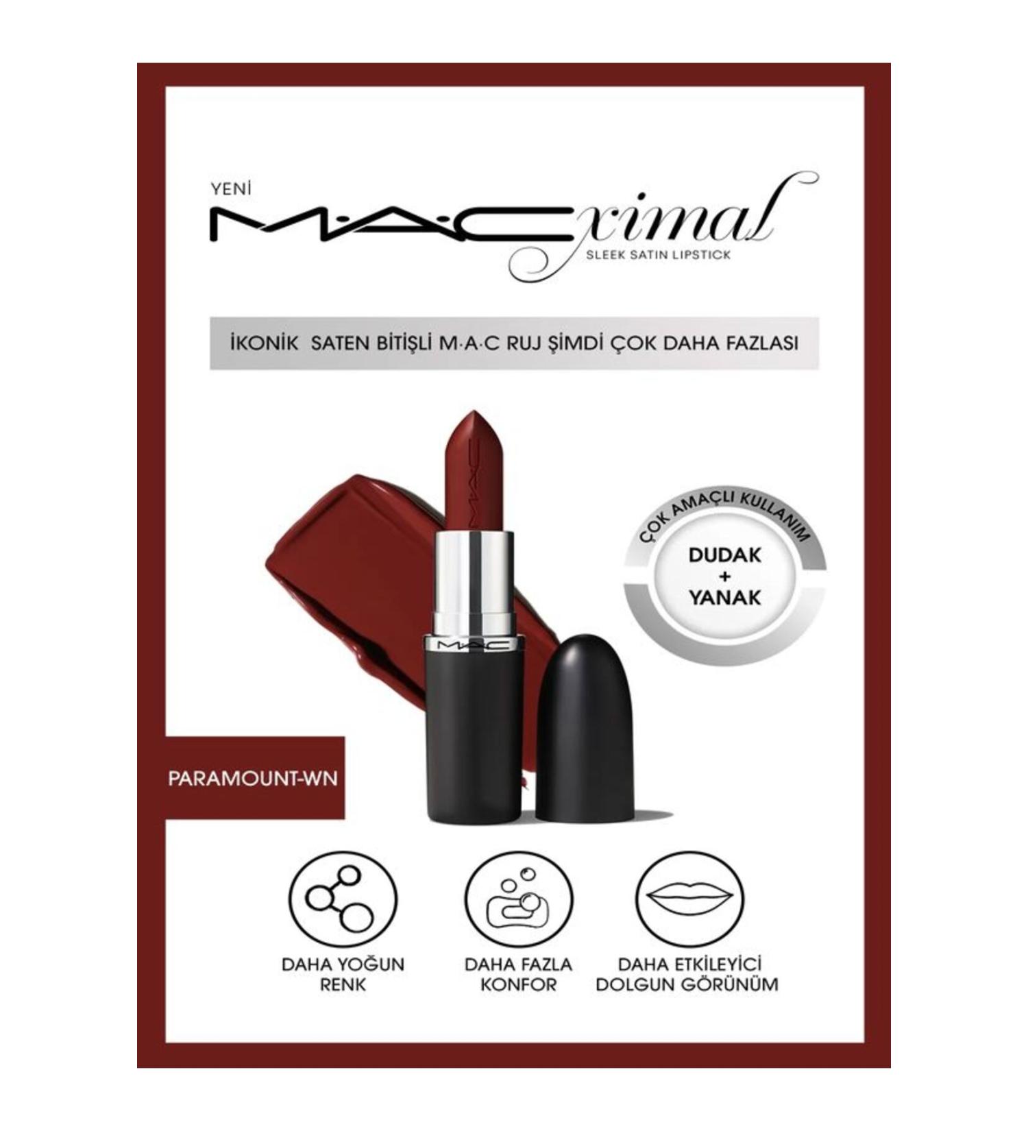 Mac MACximal Sleek Satin Lipstick konik Saten Biti li Ruj-PARAMOUNT 3.5GM - Buy Online on GoSupps.com