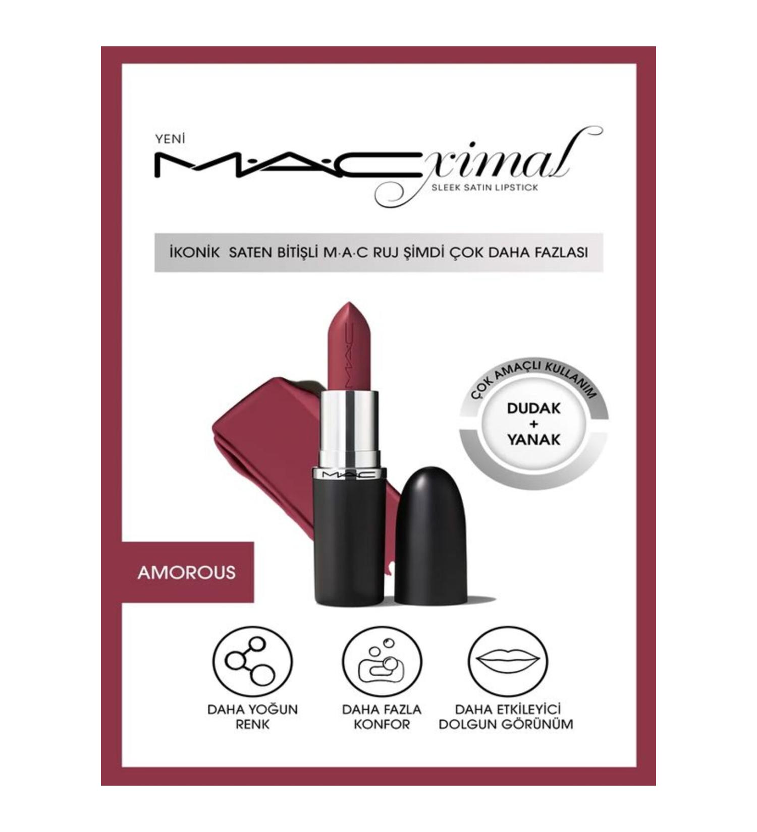 Mac MACximal Sleek Satin Lipstick Iconic Satin Finish Lipstick-AMOROUS 3.5GM