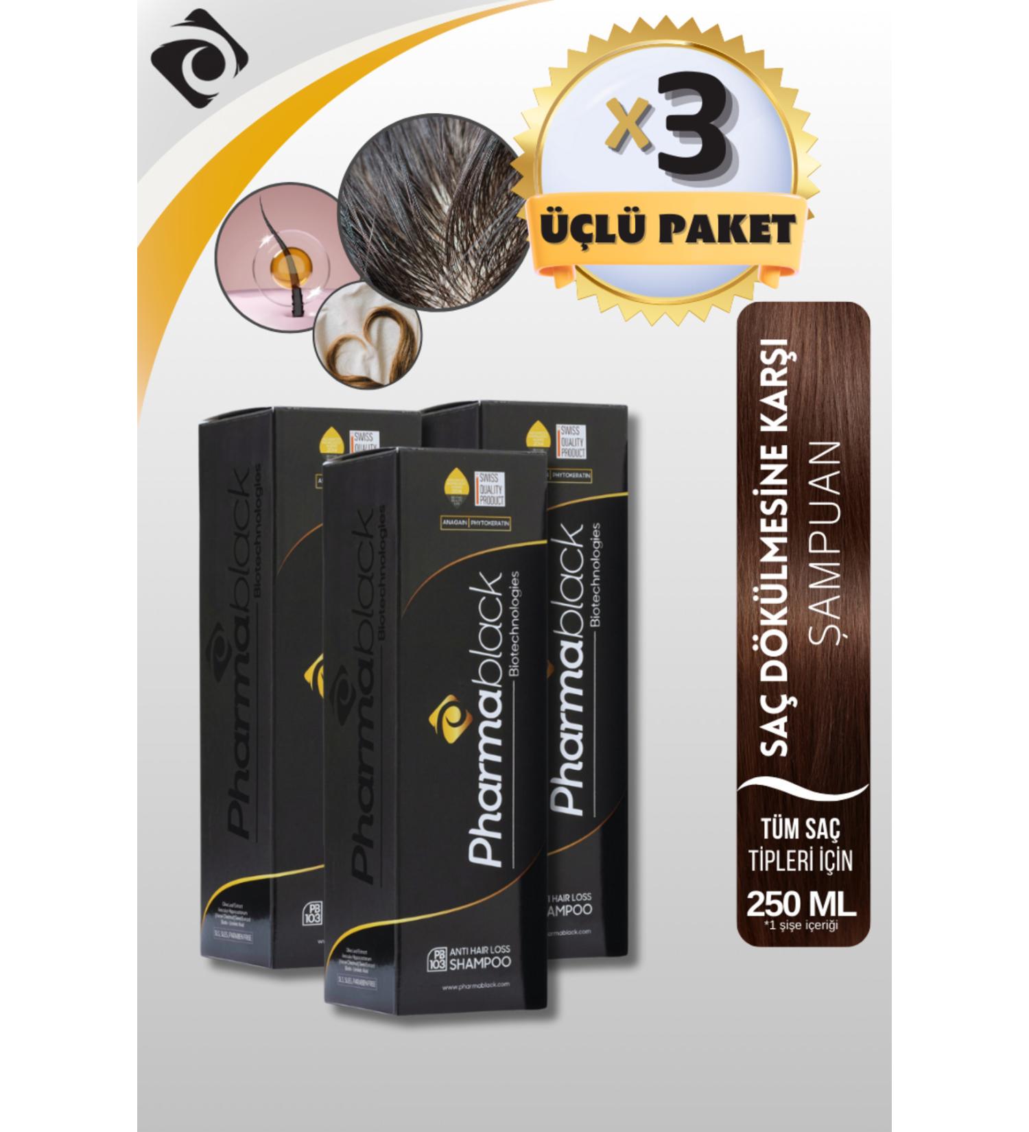 Pharmablack Anti Hair Loss Shampoo Anagain Phtokertatin Biotin Olive Leaf Horse Chestnut 250 ml 3pcs