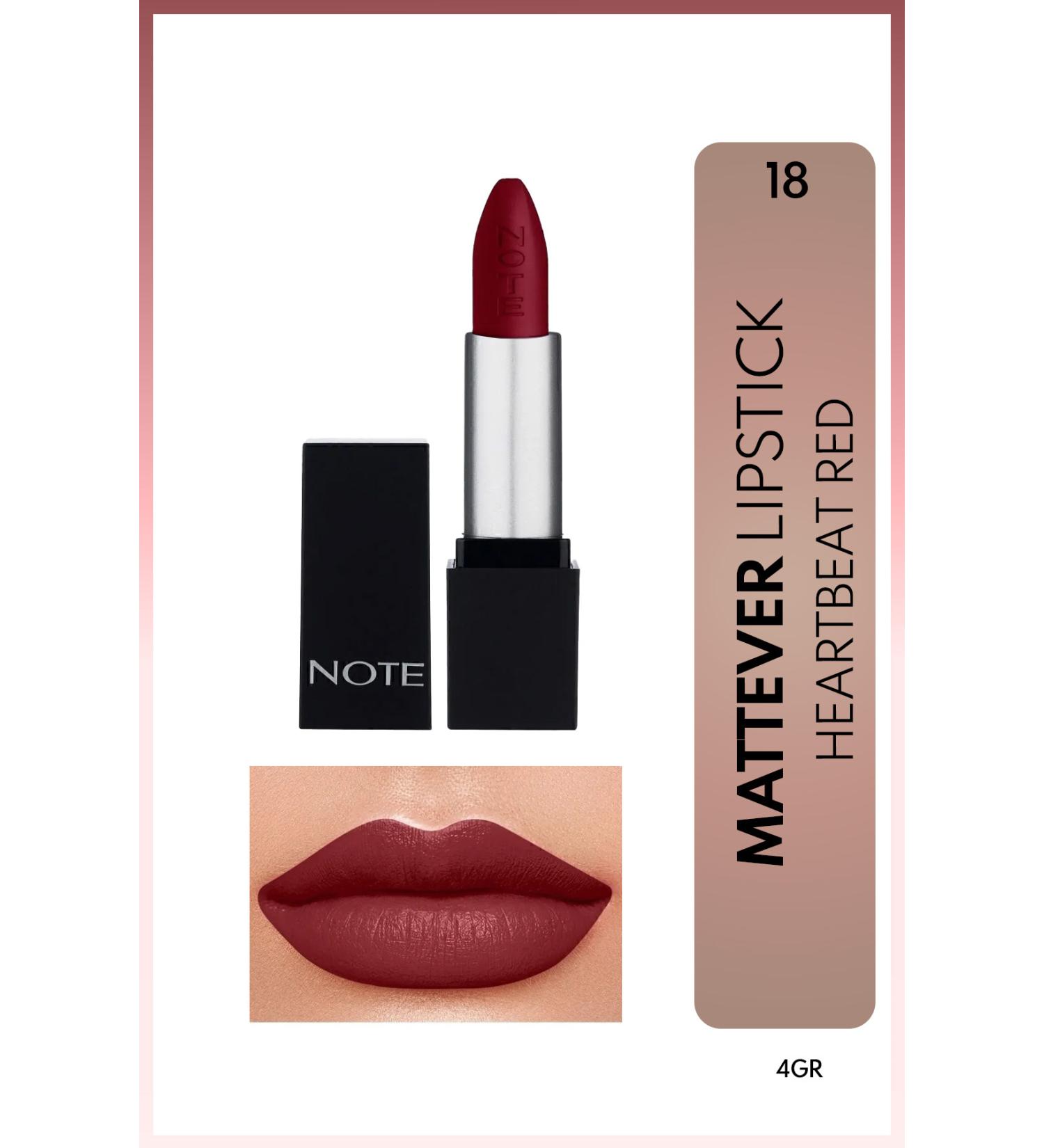 Note Cosmetics Mattever Lipstick Semi-Matte Satin Finish Lipstick 18 Heartbeat Red - Reddish Brown