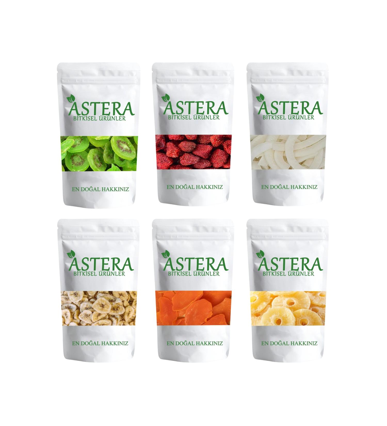 ASTERA 250 gr * 6 Different Dried Fruits (Strawberry Mango Pineapple Banana Kiwi Coconut)