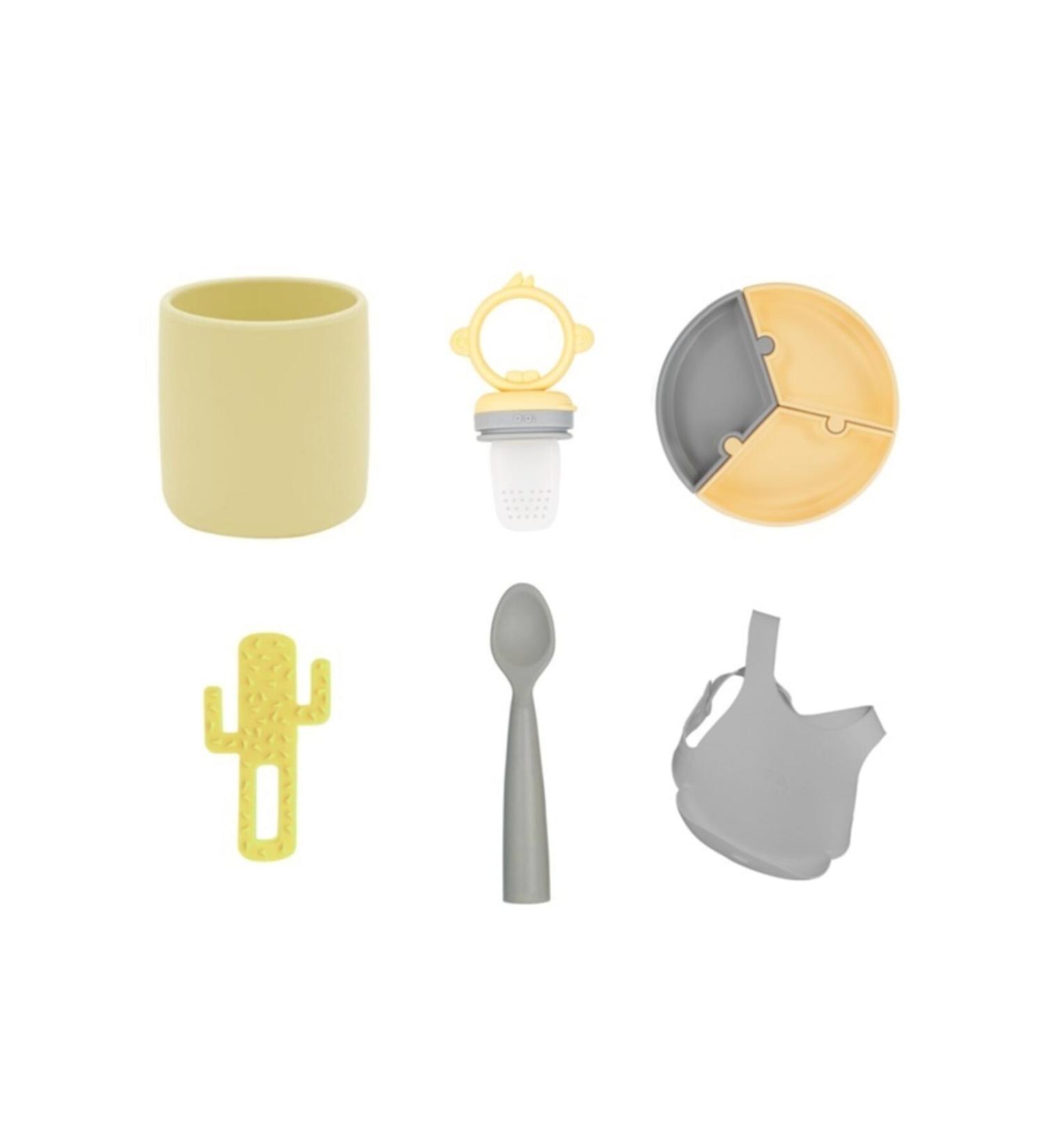 OiOi 6 Piece Set Puzzle Plate Cactus Yellow Glass Yellow Spoon Gray Bib Gray Puree