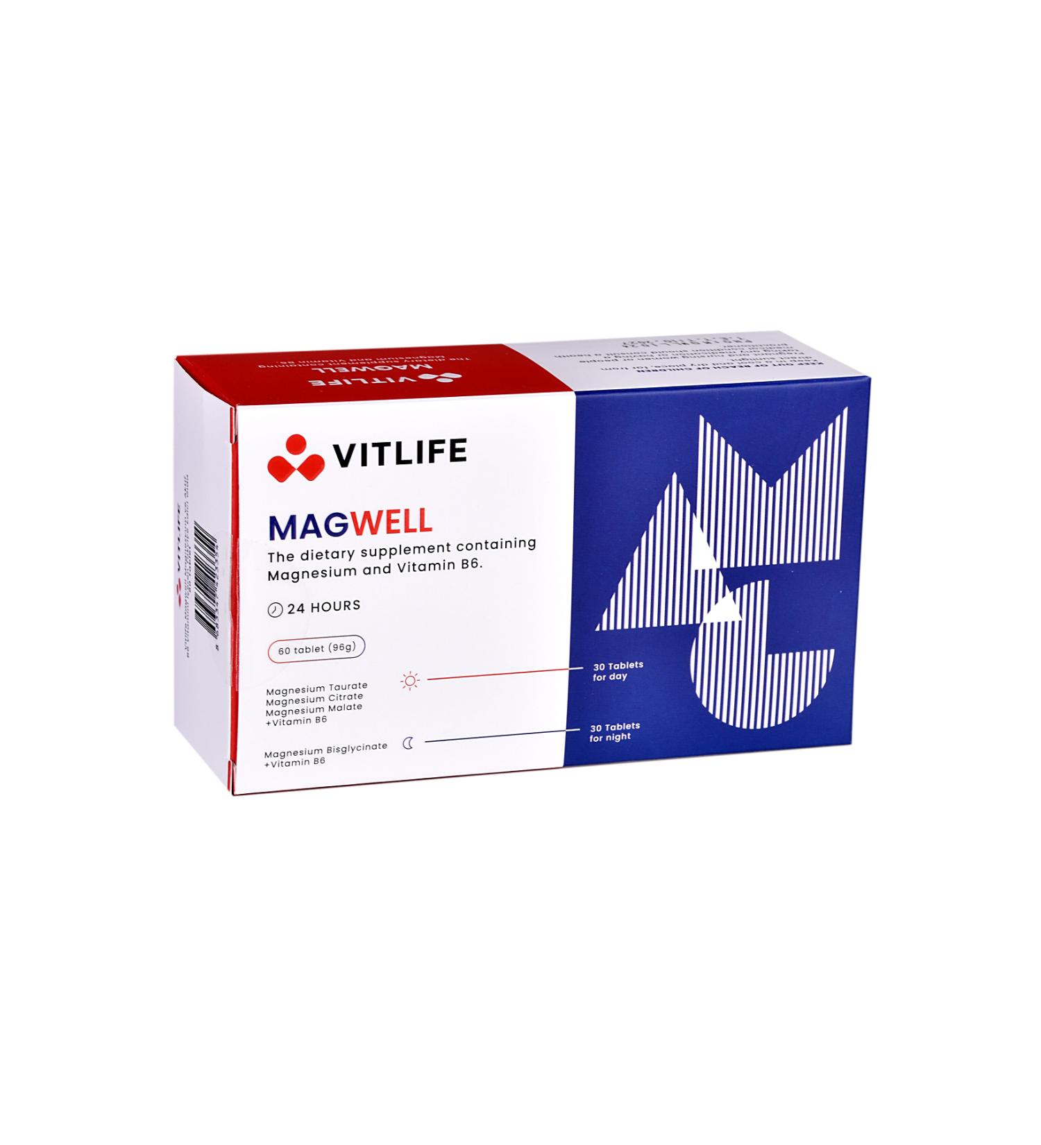 Vitlife Magwell Magnesium and Vitamin B6 Day&Night 60 Tablets - Buy Online on GoSupps.com