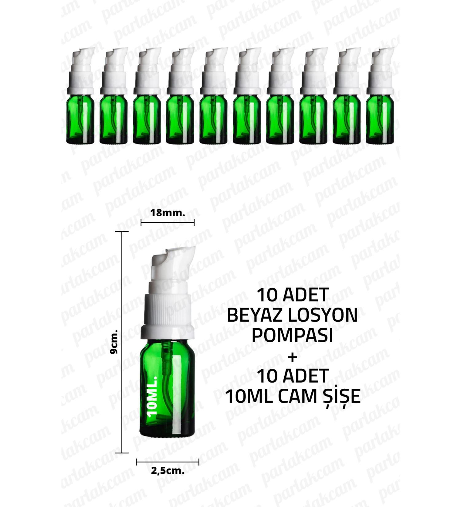 Parlakcam 10ml White Lotion Pump Green Glass Bottle 10cc White Cream Pump Head Green Glass Bottle 10 Pcs