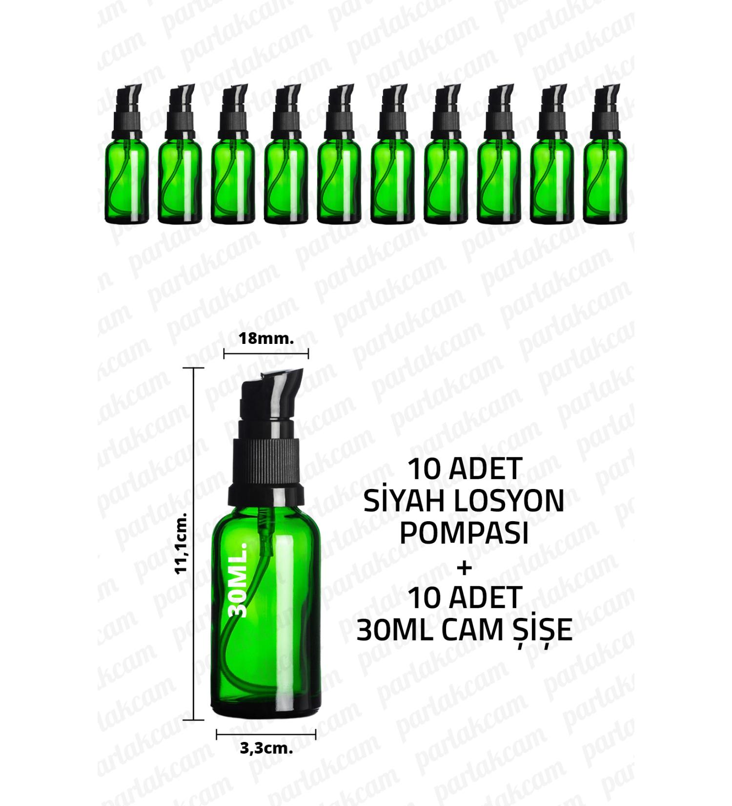 Parlakcam 30ml Black Lotion Pump Green Glass Bottle 30cc Black Cream Pump Head Green Glass Bottle 10 Pcs
