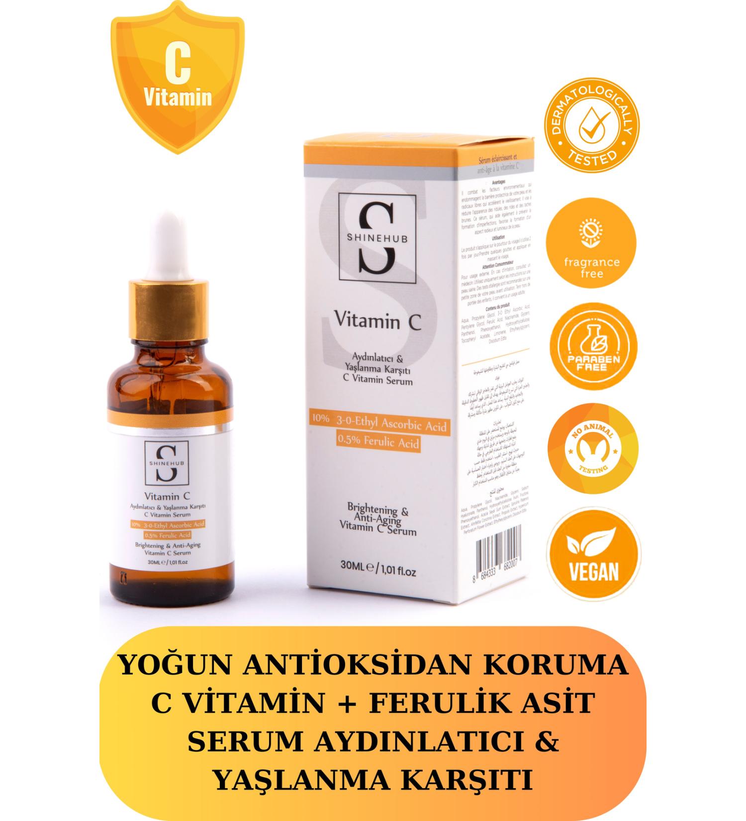 SHINEHUB Vitamin C Serum Brightening & Anti-Aging & Antioxidant 10% Vitamin C 0.5% Ferulic Acid Evit - Buy Online on GoSupps.com