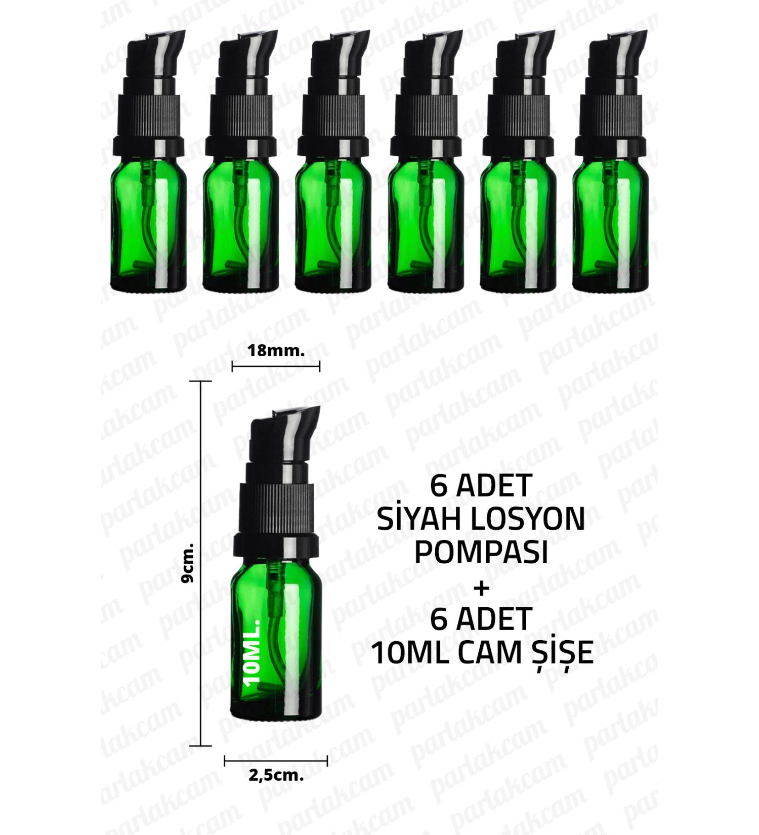 Parlakcam 10ml Black Lotion Pump Green Glass Bottle 10cc Black Cream Pump Head Green Glass Bottle 6 Pcs