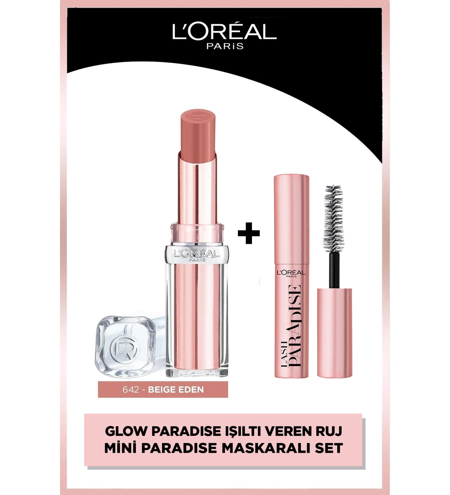 L'Oreal Paris Glow Paradise Balm-in-lipstick - Shimmering Lipstick 642 Beige Eden & Mini Paradise Mascara Makeup Set - Buy Online on GoSupps.com