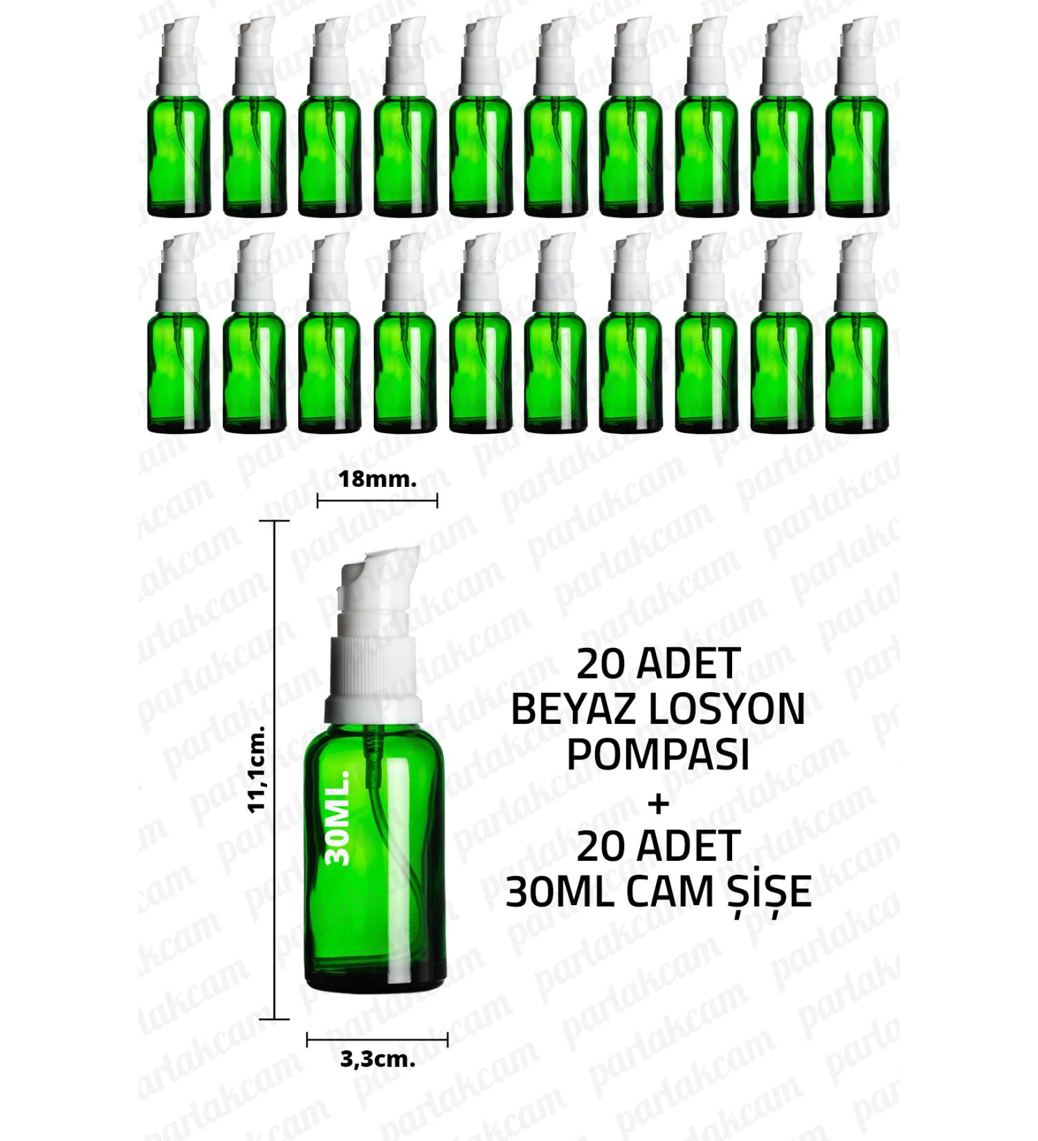 Parlakcam 30ml White Lotion Pump Green Glass Bottle 30cc White Cream Pump Head Green Glass Bottle 20 Pcs