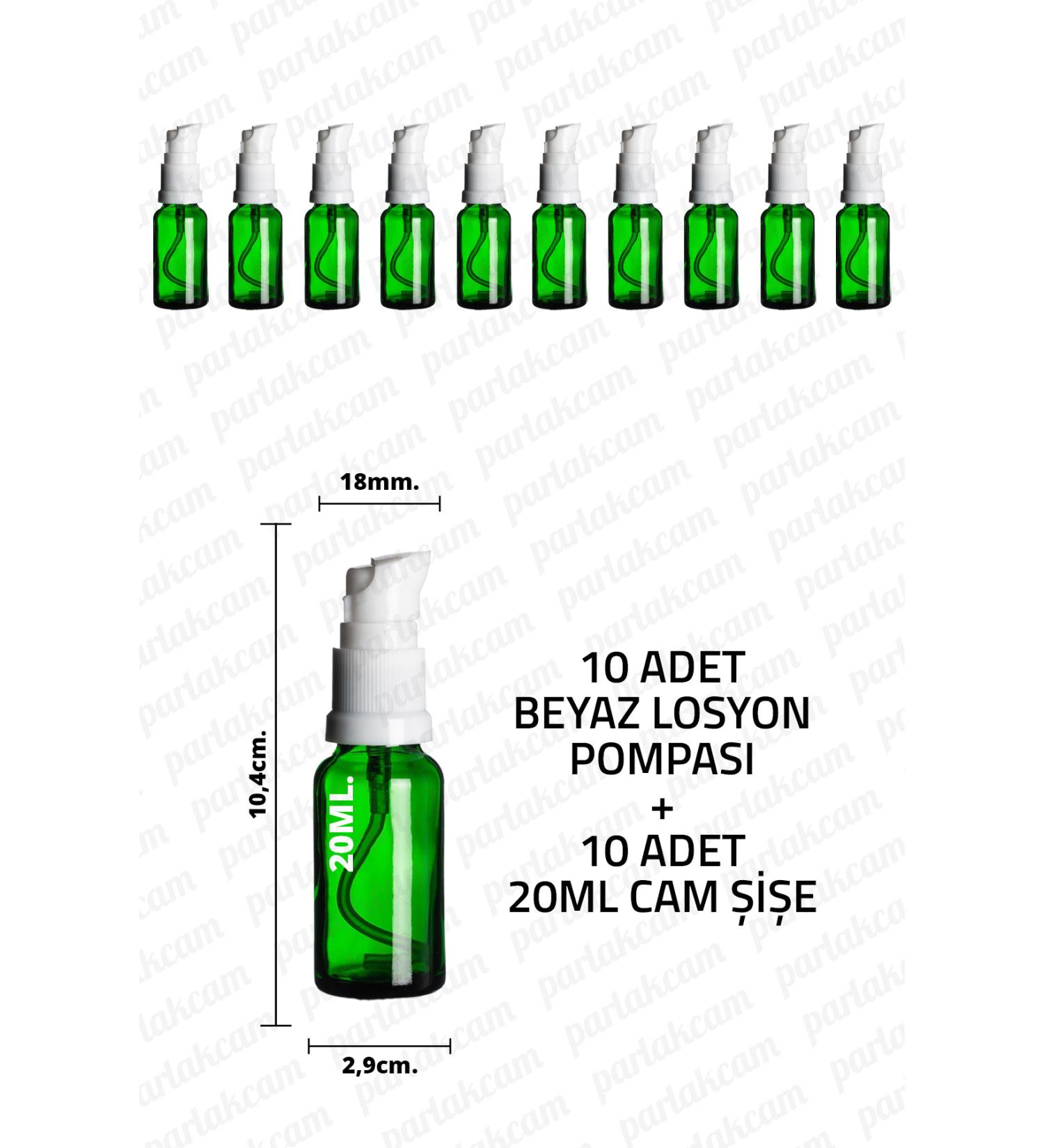 Parlakcam 20ml White Lotion Pump Green Glass Bottle 20cc White Cream Pump Head Green Glass Bottle 10 Pcs