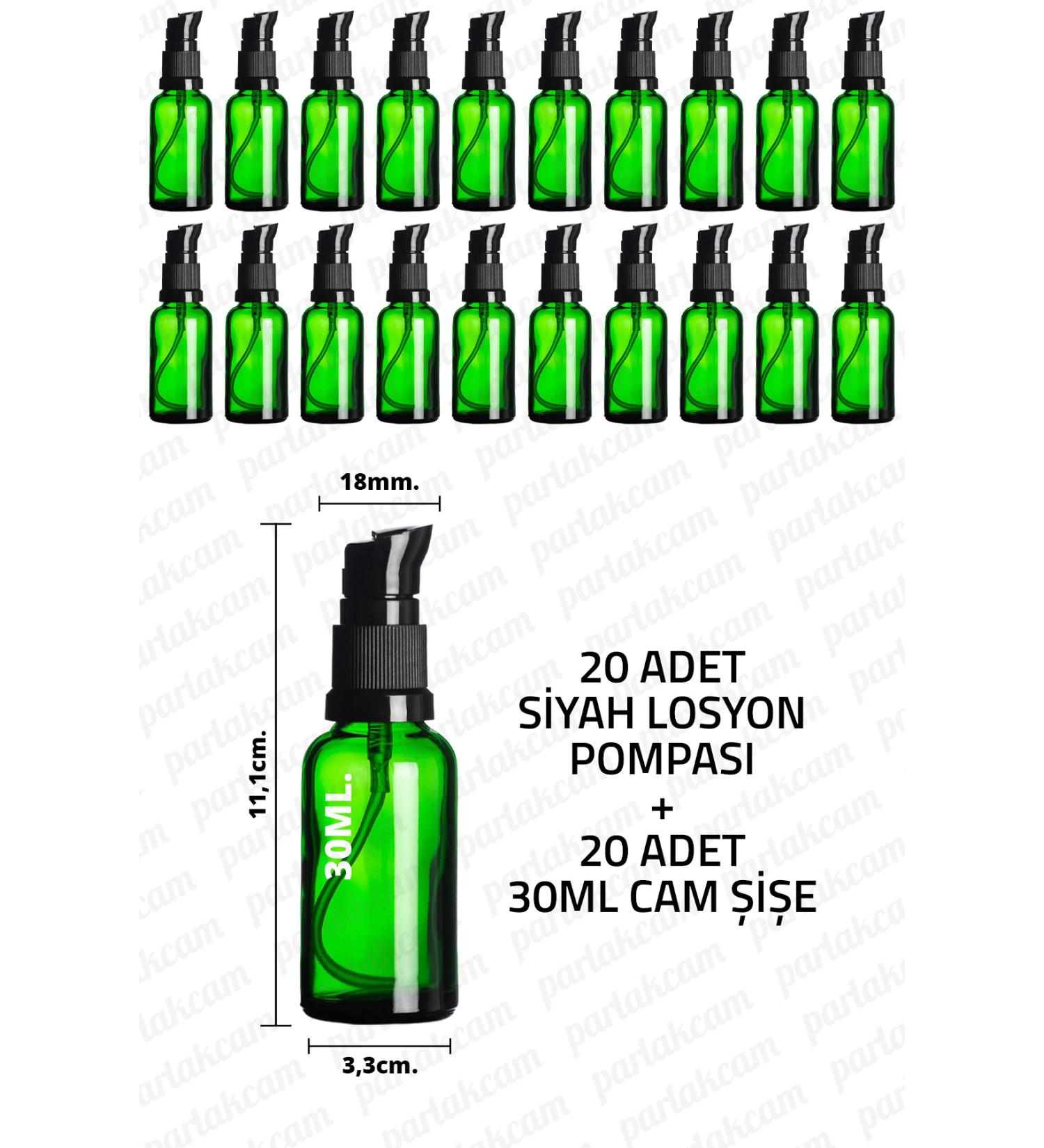 Parlakcam 30ml Black Lotion Pump Green Glass Bottle 30cc Black Cream Pump Head Green Glass Bottle 20 Pcs