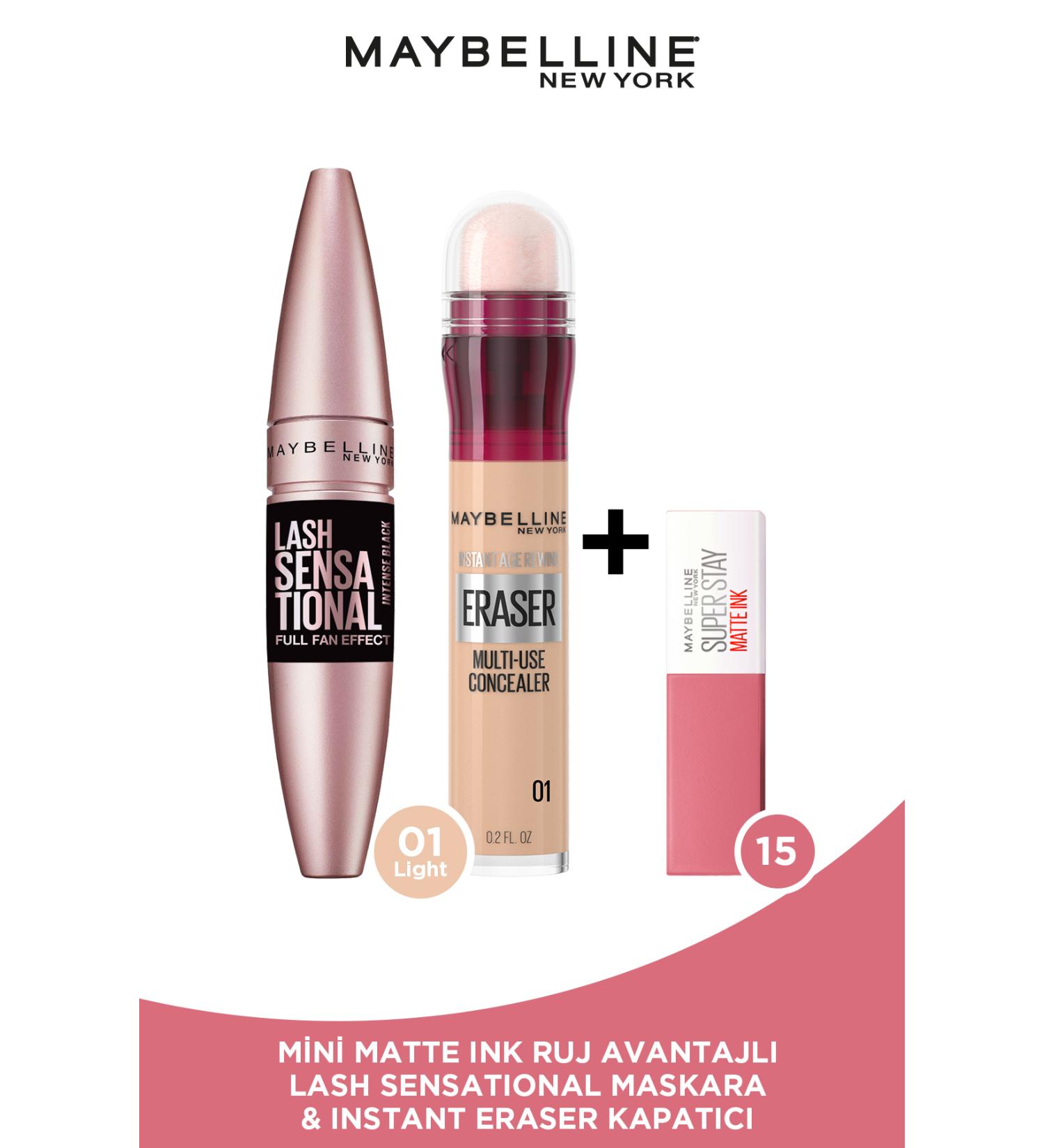 Maybelline New York Lash Sensational Extra Black Mascara & Instant Anti Age Eraser Concealer 01 & Mini Liquid Matte Lipstick -15 - Buy Online on GoSupps.com