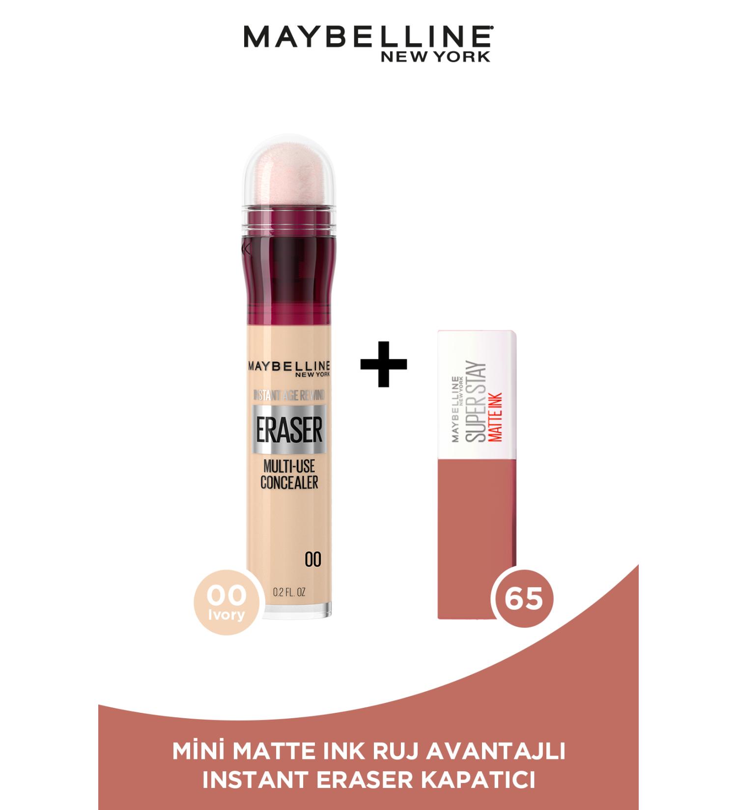 Maybelline New York Instant Anti Age Eraser Concealer - 00 Ivory & Mini Super Stay Matte Ink Liquid Matte Lipstick 65 Seductress - Buy Online on GoSupps.com