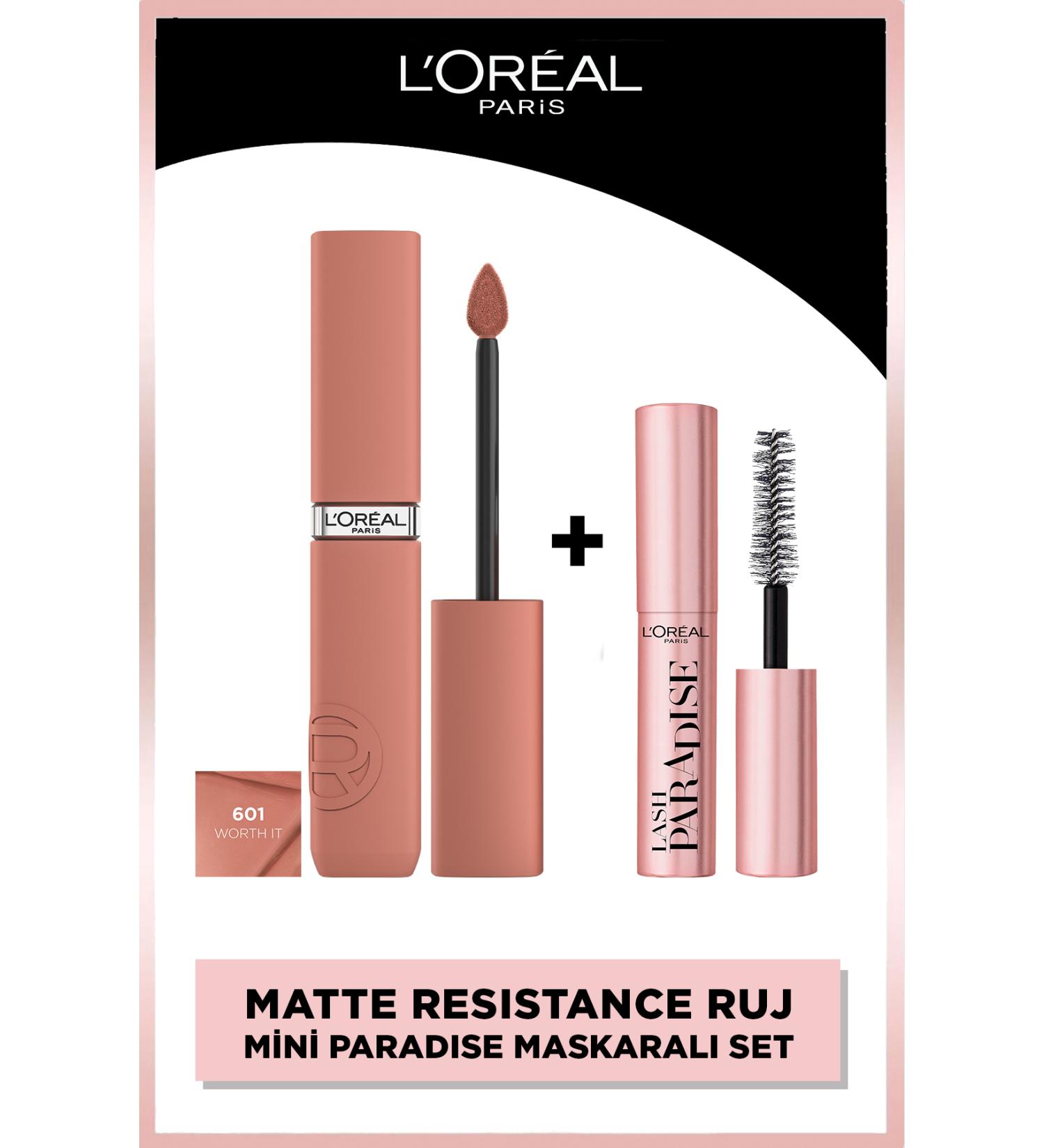 L'Oreal Paris Infaillible Matte Resistance Liquid Matte Lipstick - 601 Worth It & Mini Paradise Mascara 4.7 Ml Makeup Set - Buy Online on GoSupps.com
