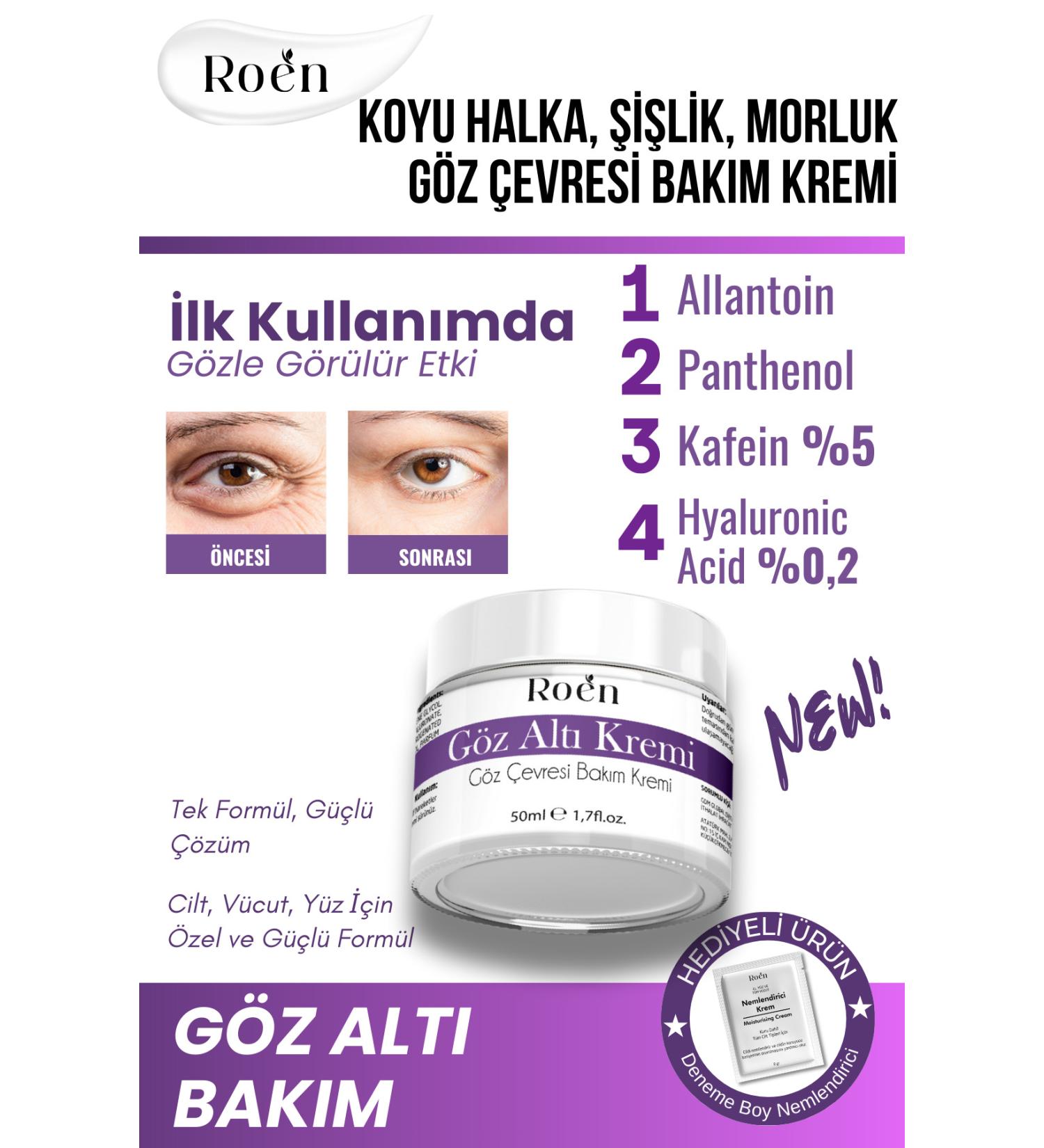 Roen Under Eye Dark Circle Cream Caffeine 5% Hyaluronic Acid 0.2% Dark Circle Puffiness and Care Cream 50ml - Buy Online on GoSupps.com