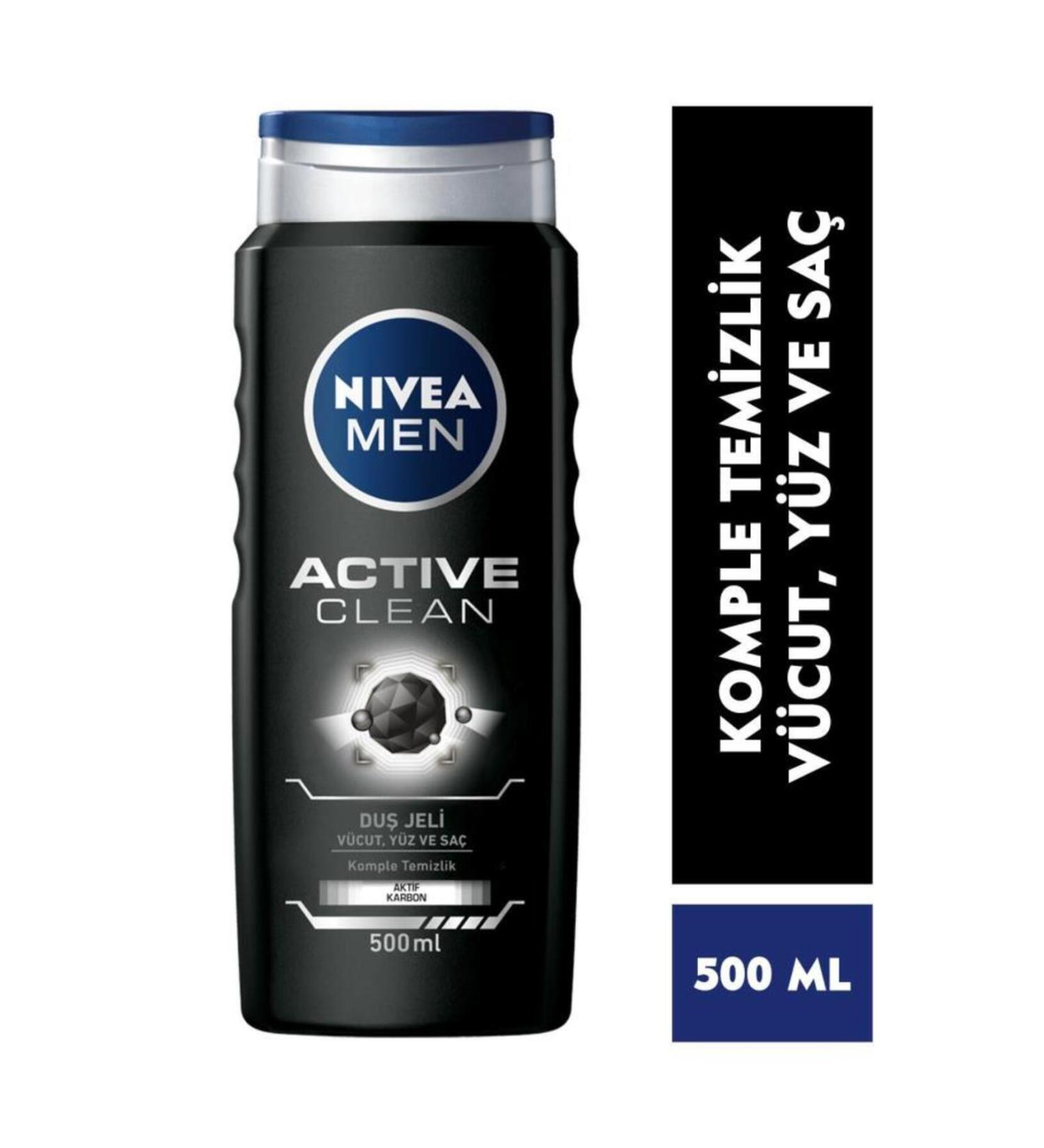 NIVEA Men Men's Shower Gel Active Clean 500 Ml 3 in 1 Complete Care Active Carbon Body Hair and Face - Buy Online on GoSupps.com
