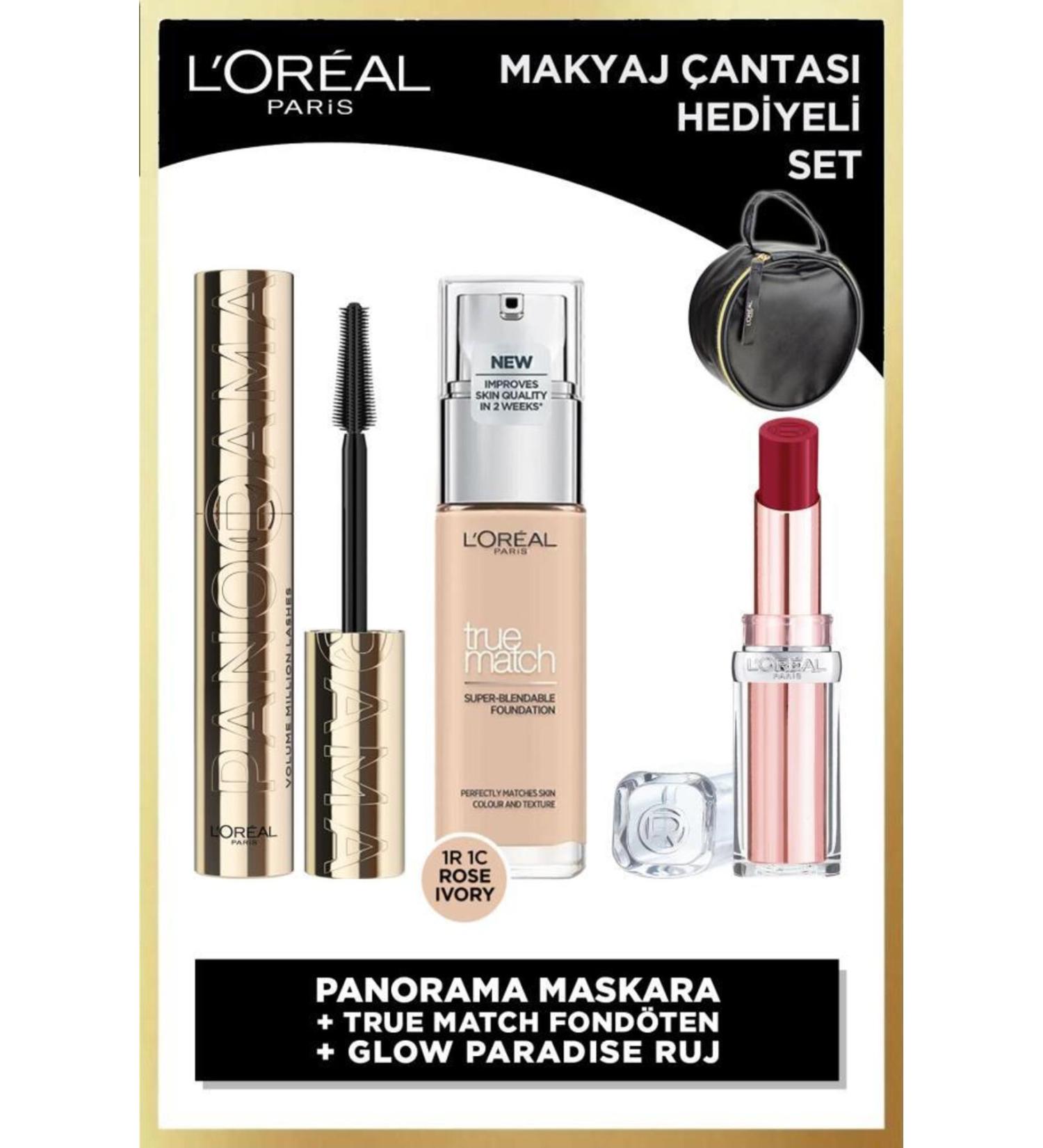 L'Oreal Paris Panorama Black Mascara & True Match Foundation 1R Rose Ivory & Glow Paradise Balm Lipstick 353 Bag Gift - Buy Online on GoSupps.com