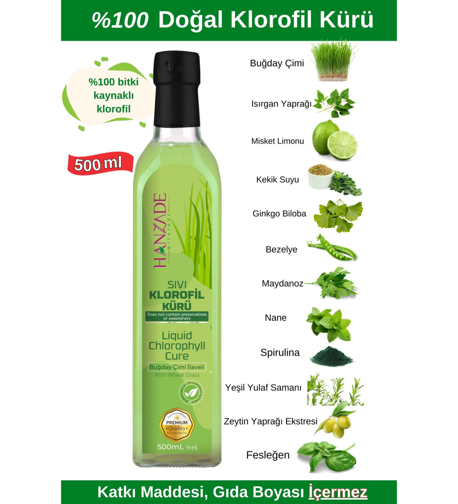 Hanzade Herbal Liquid Chlorophyll Cure Wheat Grass Added Plant Extracts 500 ML Glass Bottle - Buy Online on GoSupps.com