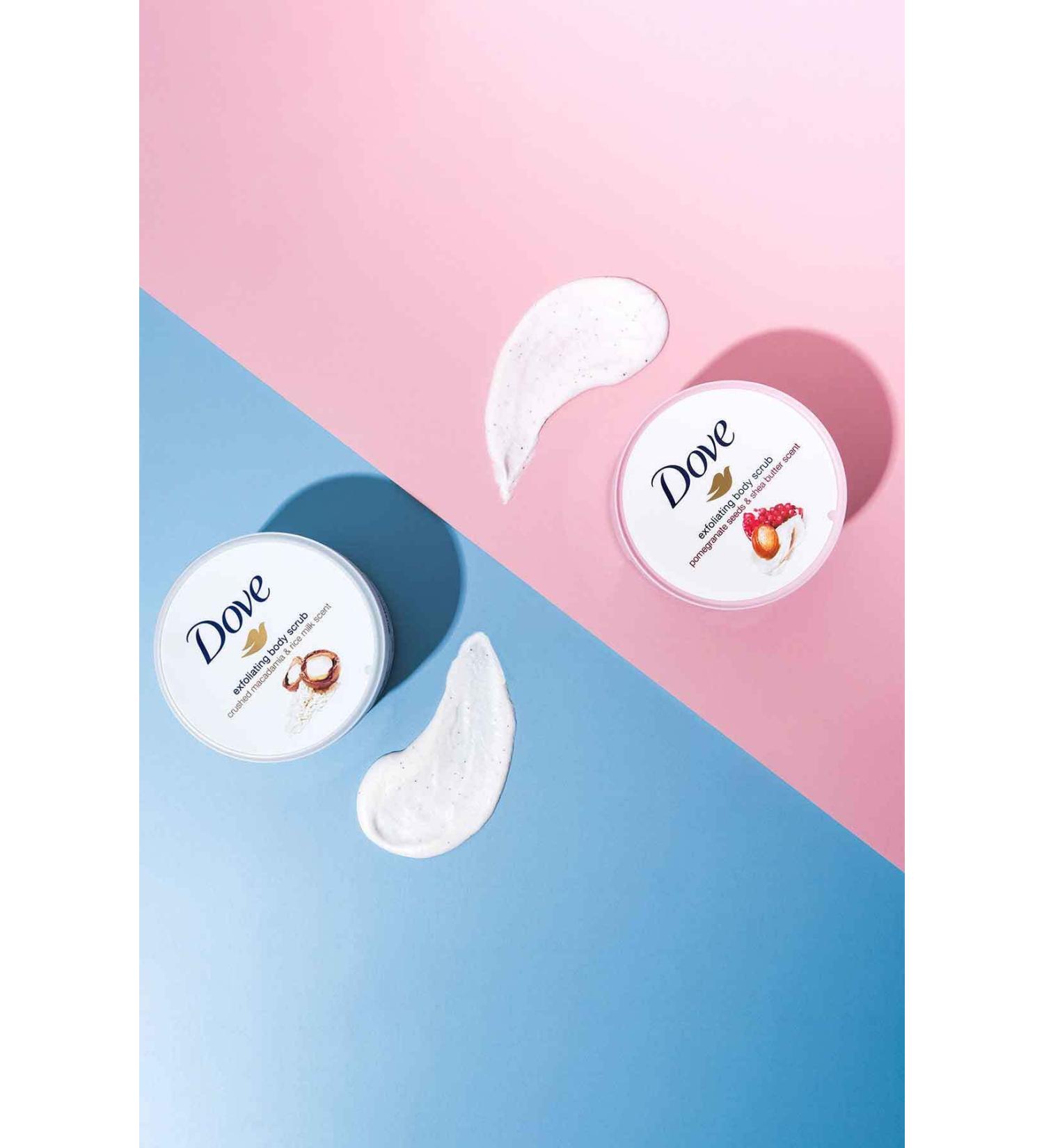 Dove Body Scrub Pomegranate Seed & Shea Butter 225 ml Macademia Nut & Rice Milk 225 ml - Buy Online on GoSupps.com