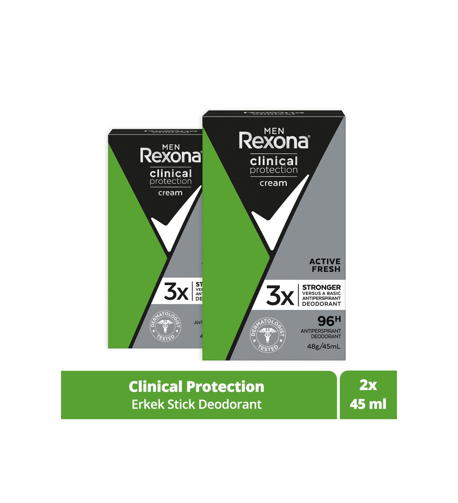 Rexona Men Clinical Protection Stick Deodorant Active Fresh Up to 96 Hours Protection 45 ml X2 Pieces - Buy Online on GoSupps.com