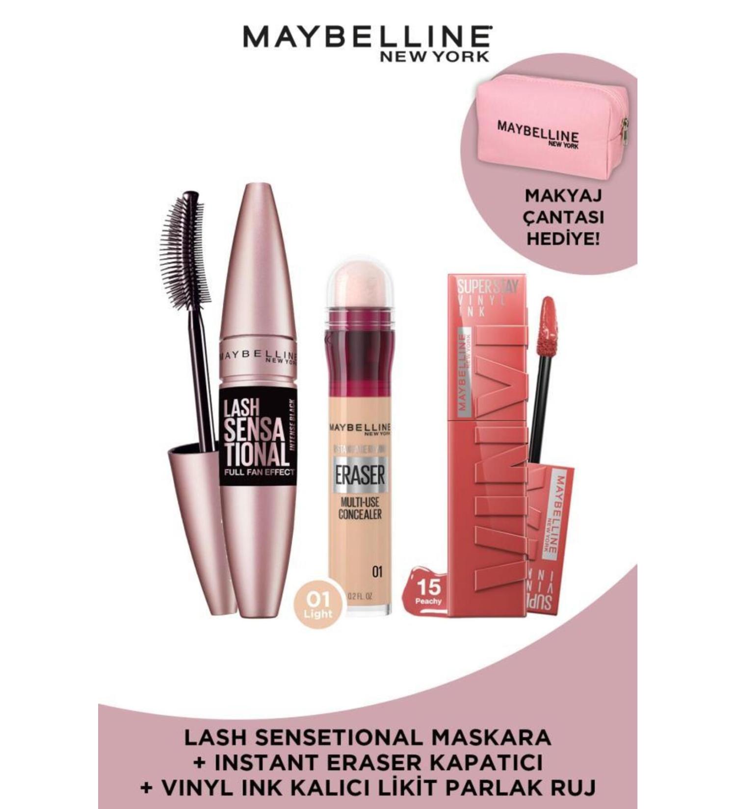 Maybelline New York Lash Sensational Extra Black Mascara & Instant Age Eraser Concealer 01 & Vinyl Ink 15 Lipstick Bag Gift - Buy Online on GoSupps.com