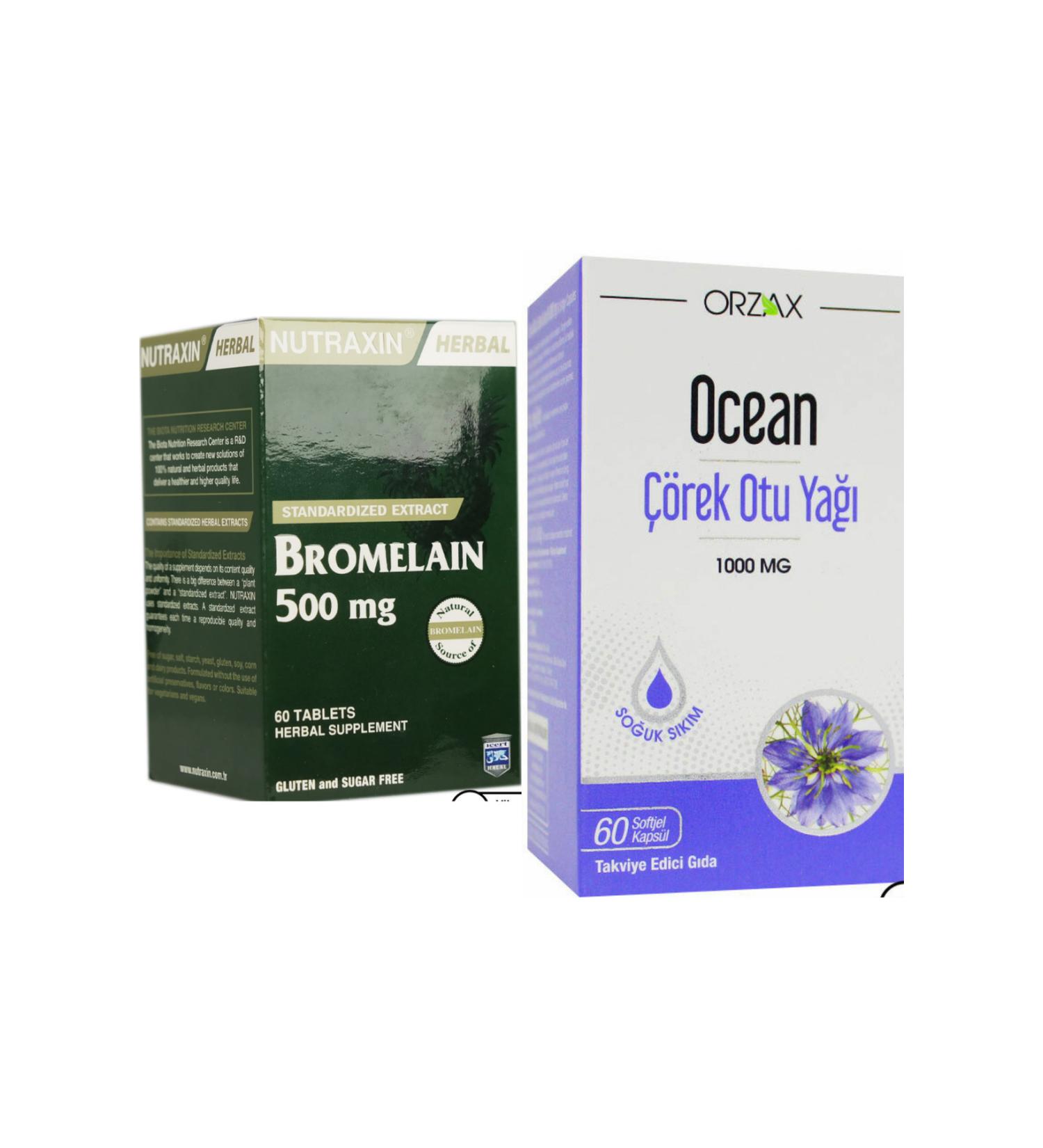 Nutraxin Bromelain 500 mg 60 Tablets + Ocean Black Cumin Oil 1000 mg 60 Capsules Advantageous Form Package