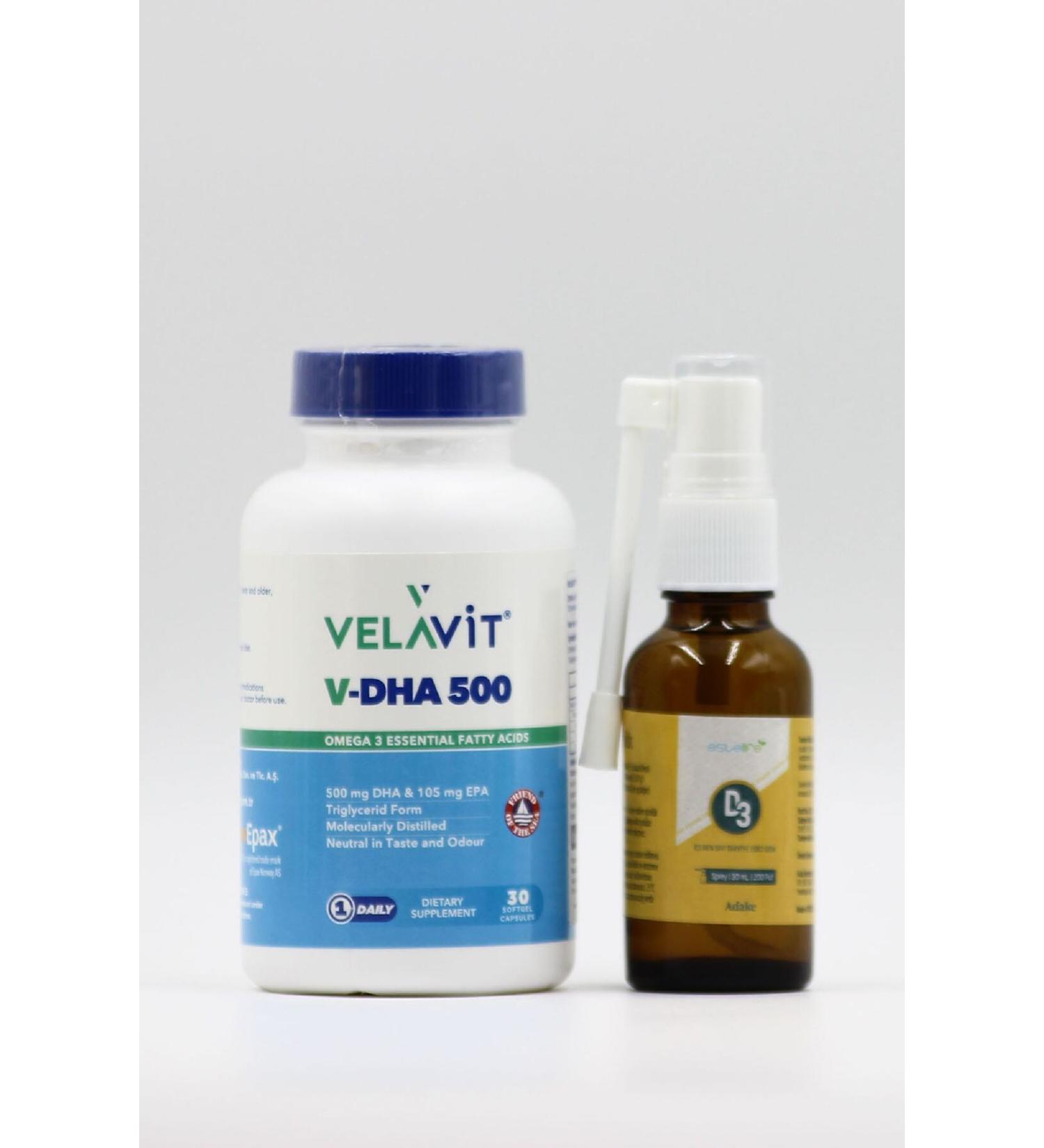Velavit V-DHA Omega 3 30 Capsules + D3 Spray - Buy Online on GoSupps.com